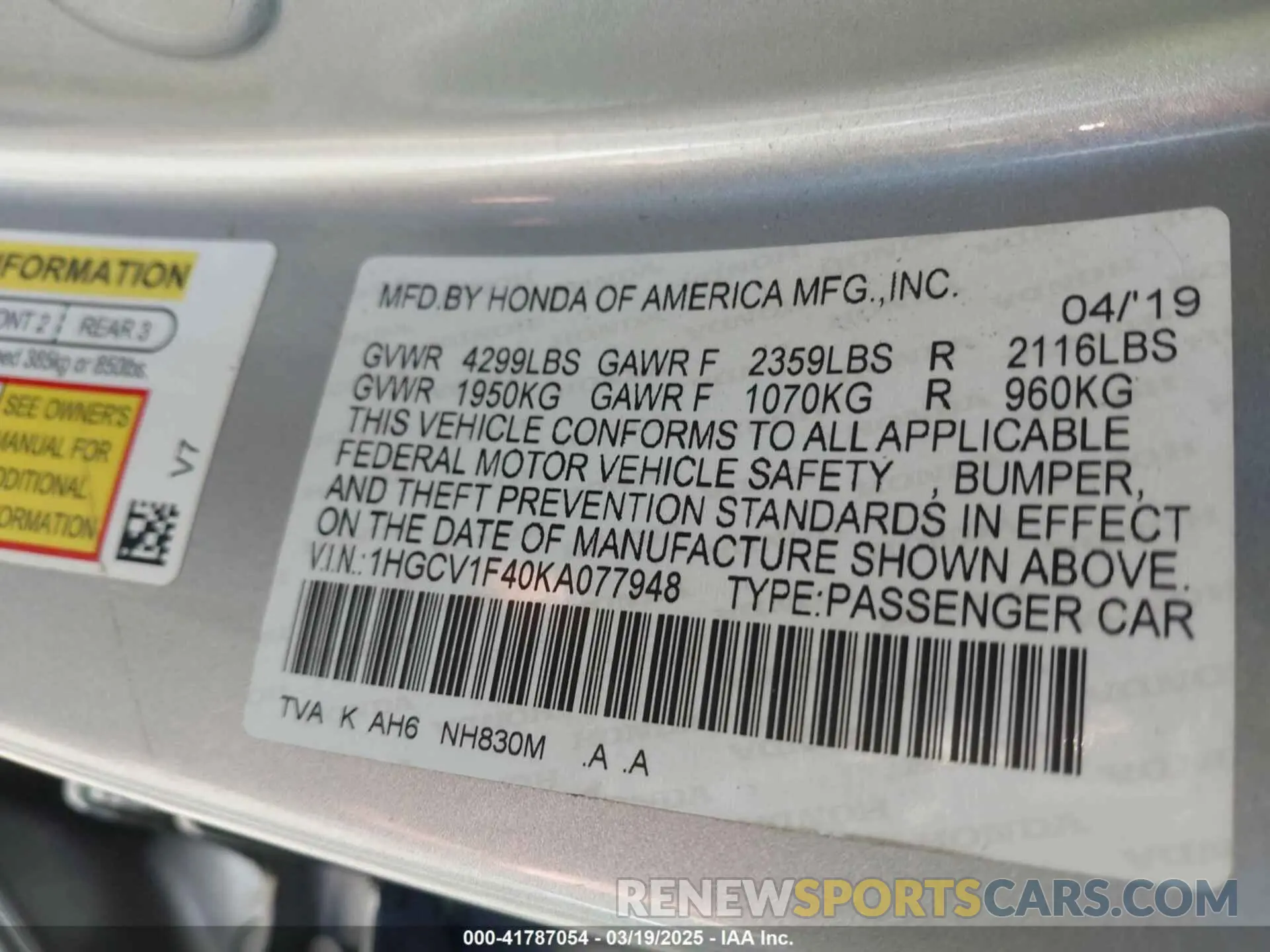 9 Photograph of a damaged car 1HGCV1F40KA077948 HONDA ACCORD 2019