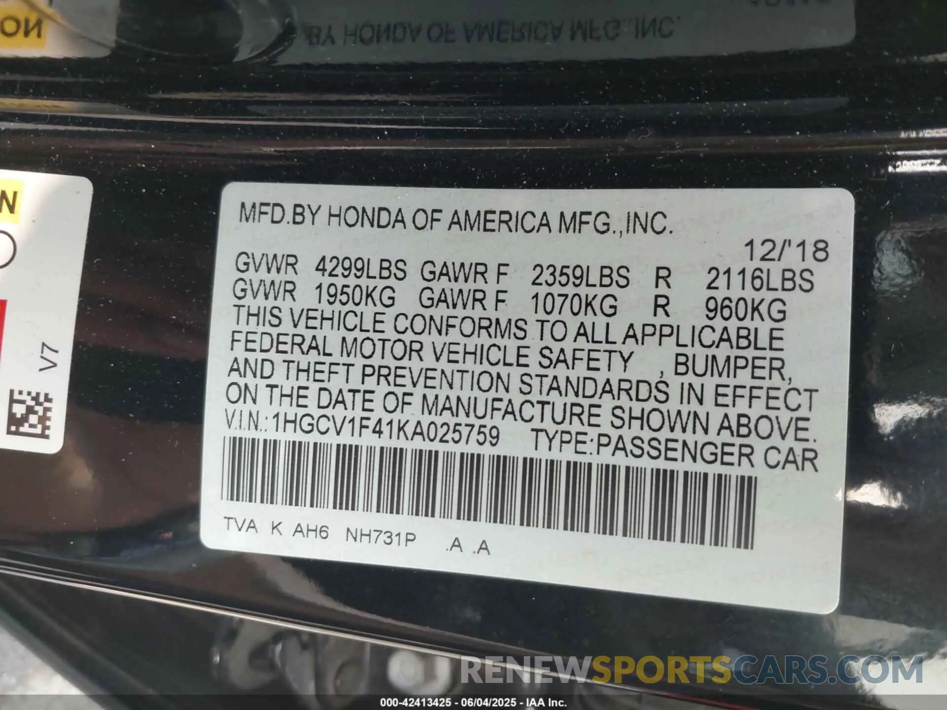 9 Photograph of a damaged car 1HGCV1F41KA025759 HONDA ACCORD 2019