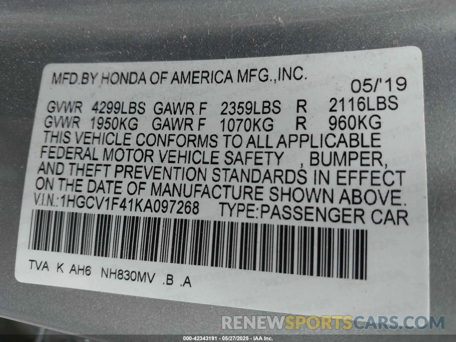 9 Photograph of a damaged car 1HGCV1F41KA097268 HONDA ACCORD 2019