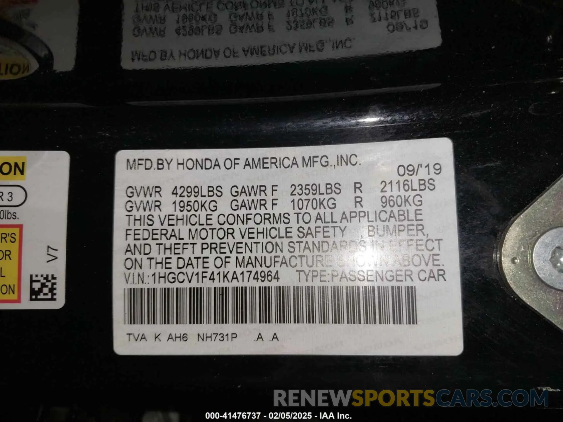 9 Photograph of a damaged car 1HGCV1F41KA174964 HONDA ACCORD 2019