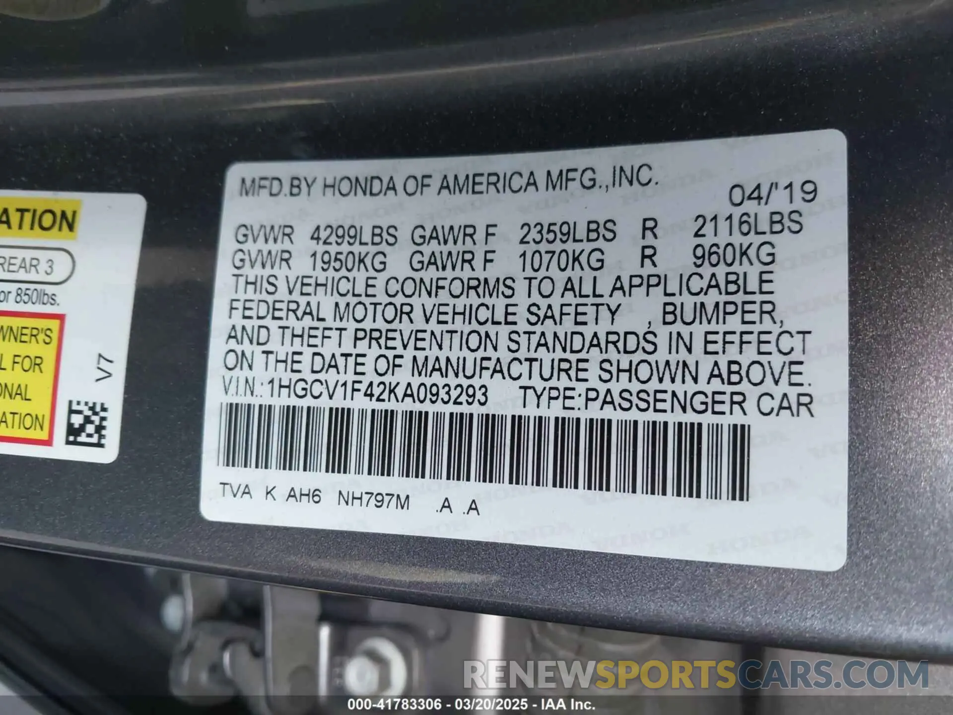 9 Photograph of a damaged car 1HGCV1F42KA093293 HONDA ACCORD 2019