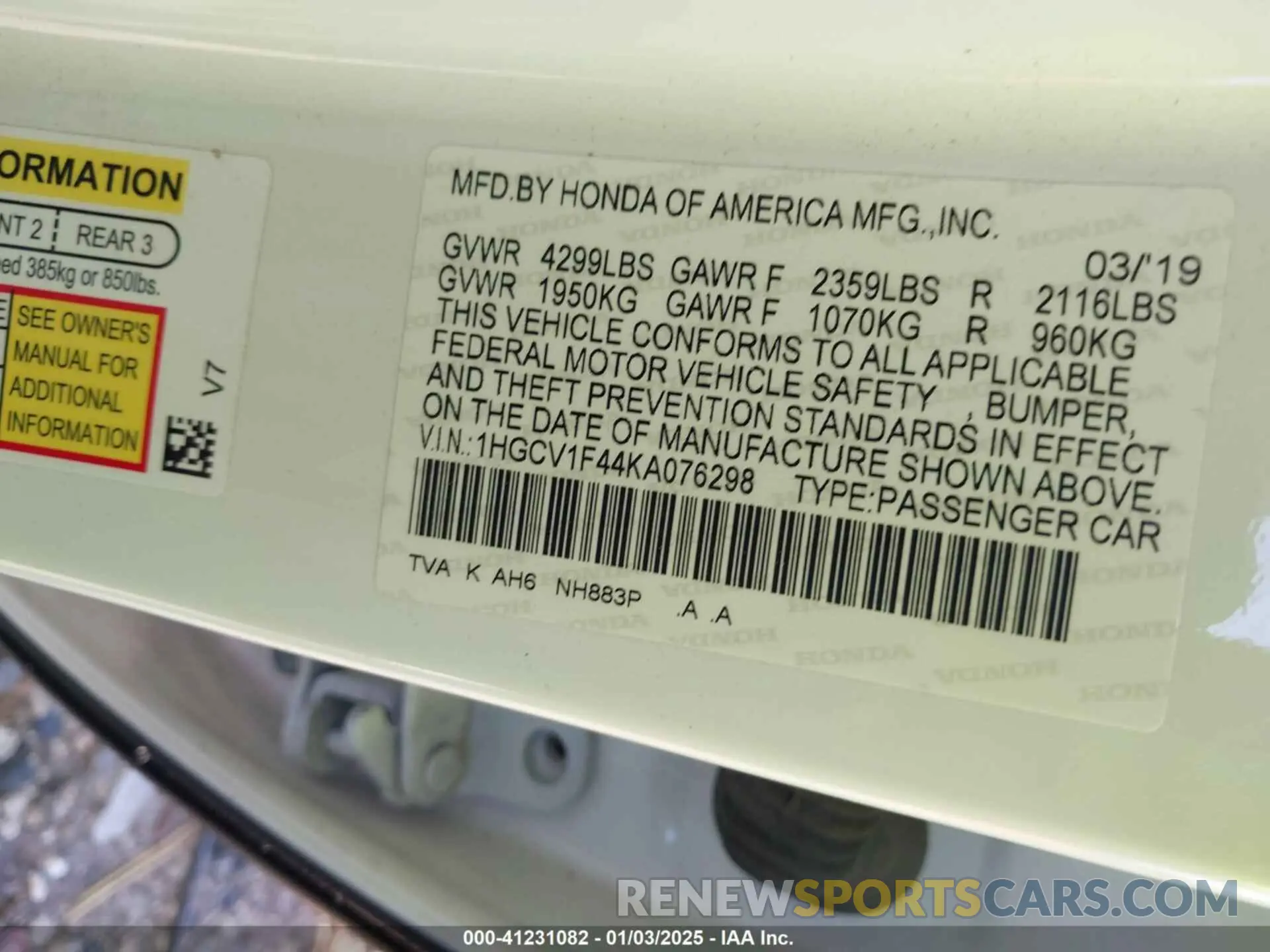 9 Photograph of a damaged car 1HGCV1F44KA076298 HONDA ACCORD 2019