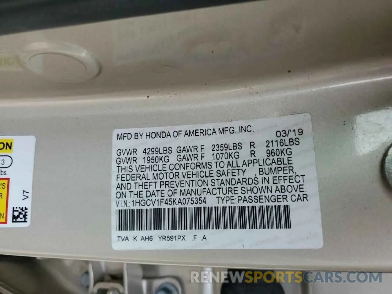 12 Photograph of a damaged car 1HGCV1F45KA075354 HONDA ACCORD 2019