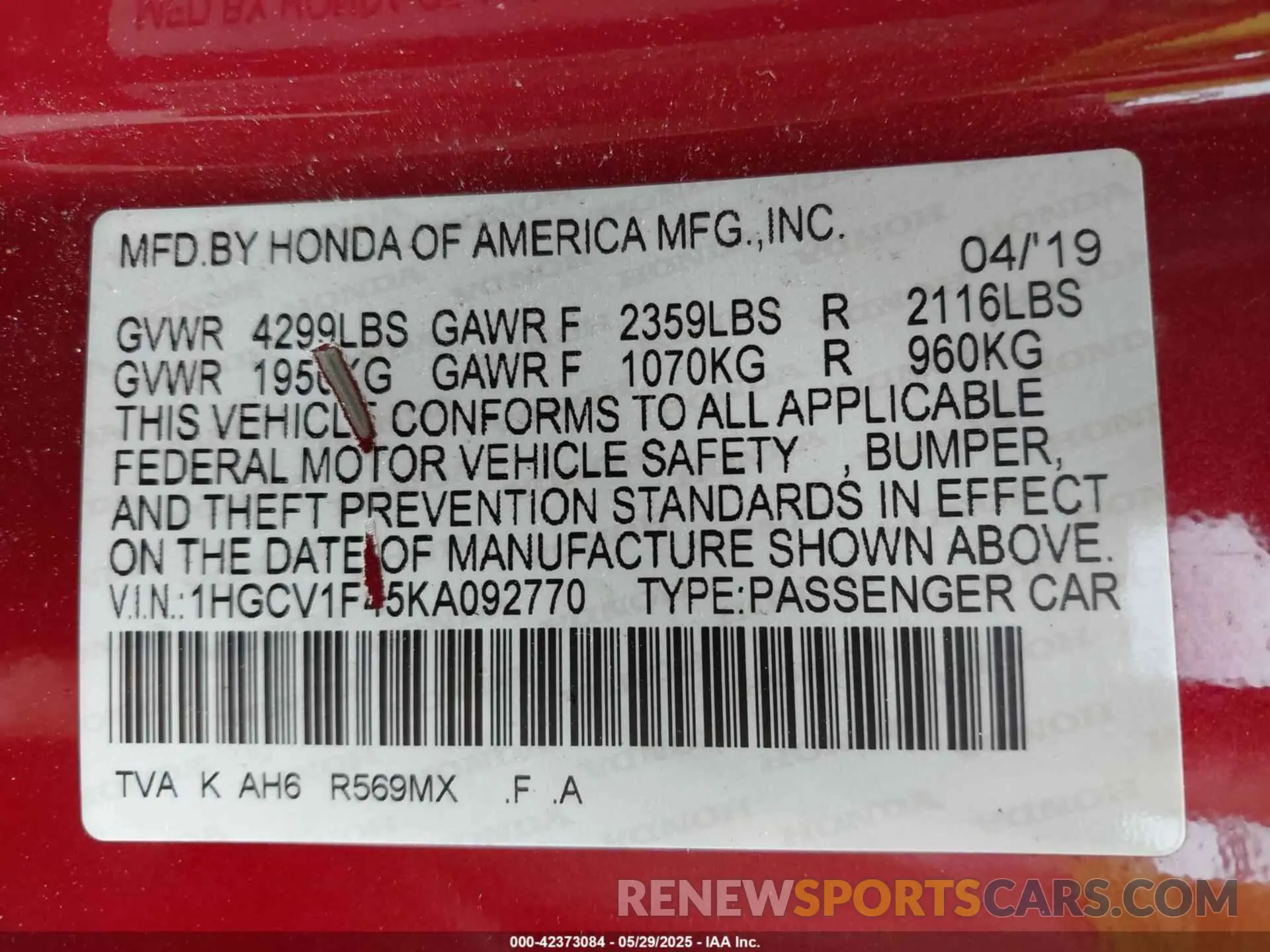 9 Photograph of a damaged car 1HGCV1F45KA092770 HONDA ACCORD 2019