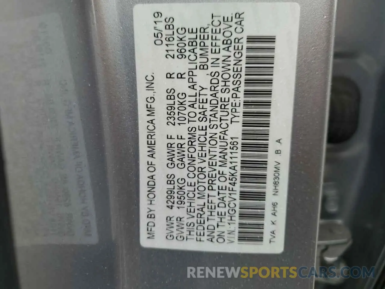 13 Photograph of a damaged car 1HGCV1F45KA111561 HONDA ACCORD 2019