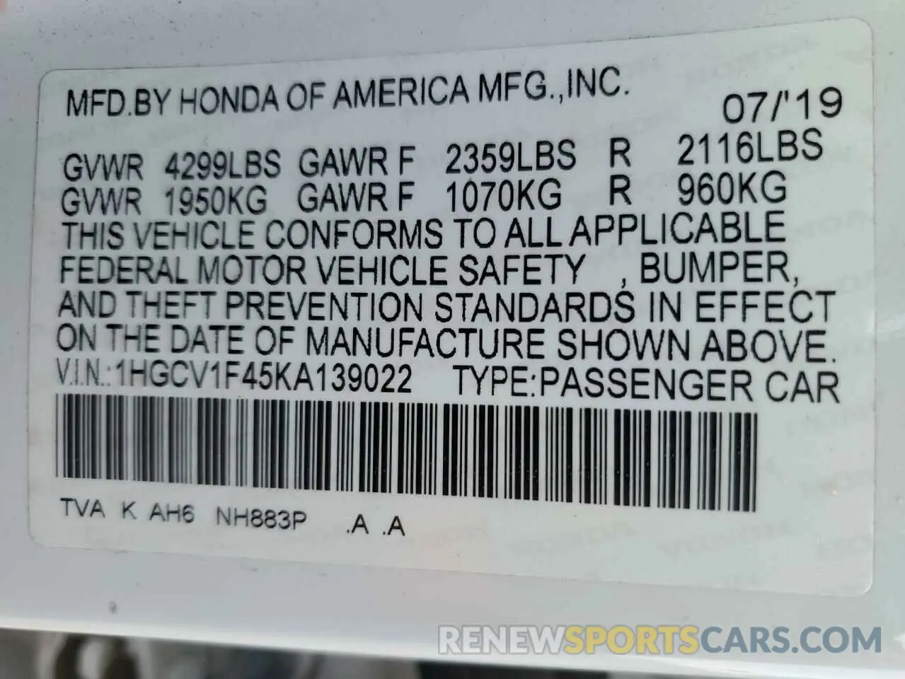14 Photograph of a damaged car 1HGCV1F45KA139022 HONDA ACCORD 2019