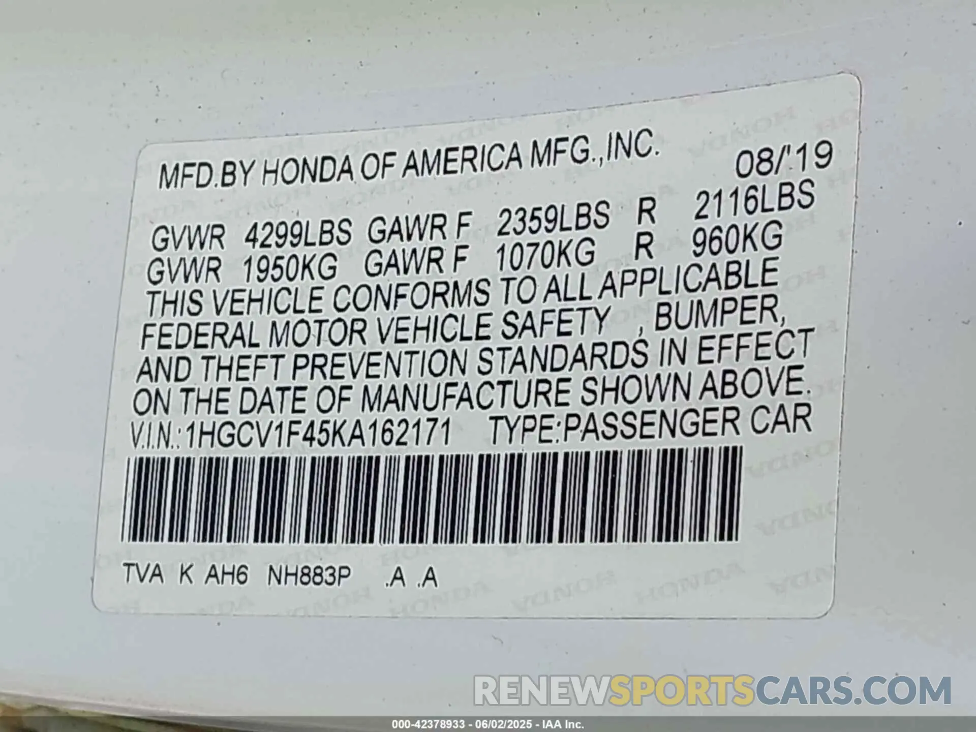 9 Photograph of a damaged car 1HGCV1F45KA162171 HONDA ACCORD 2019