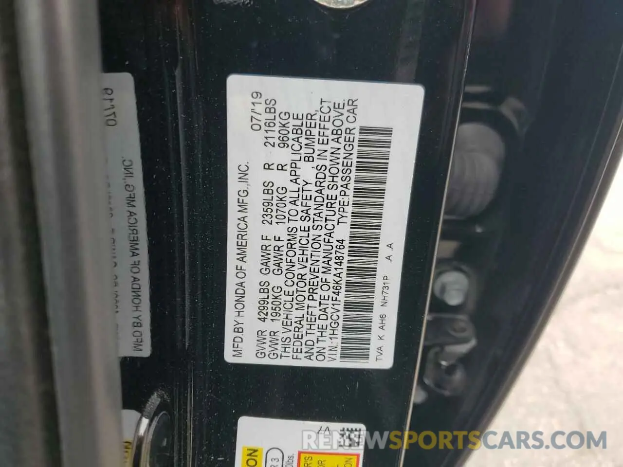 15 Photograph of a damaged car 1HGCV1F46KA148764 HONDA ACCORD 2019