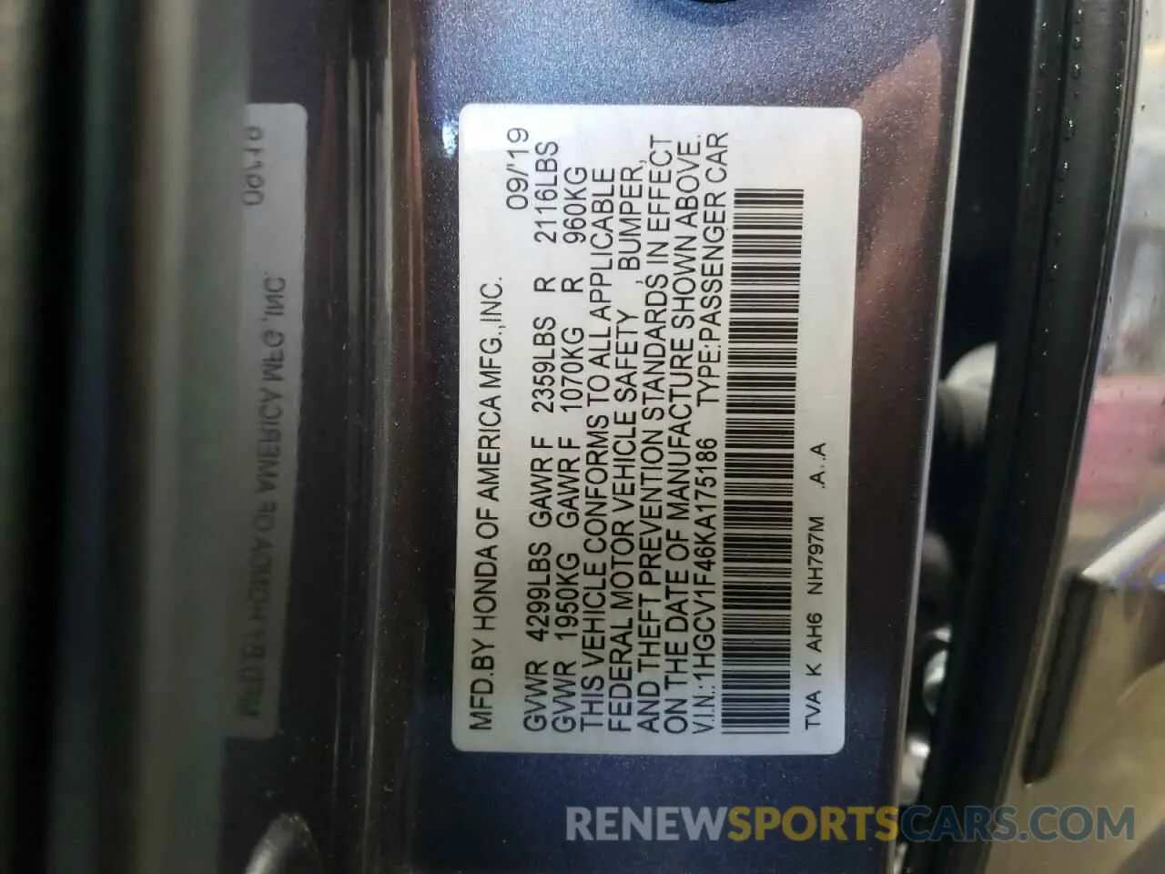 12 Photograph of a damaged car 1HGCV1F46KA175186 HONDA ACCORD 2019