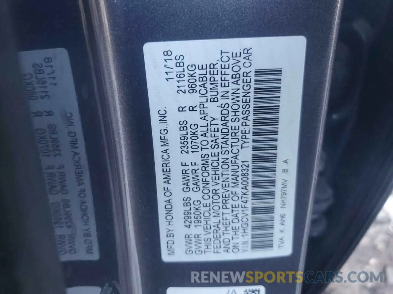 12 Photograph of a damaged car 1HGCV1F47KA008321 HONDA ACCORD 2019