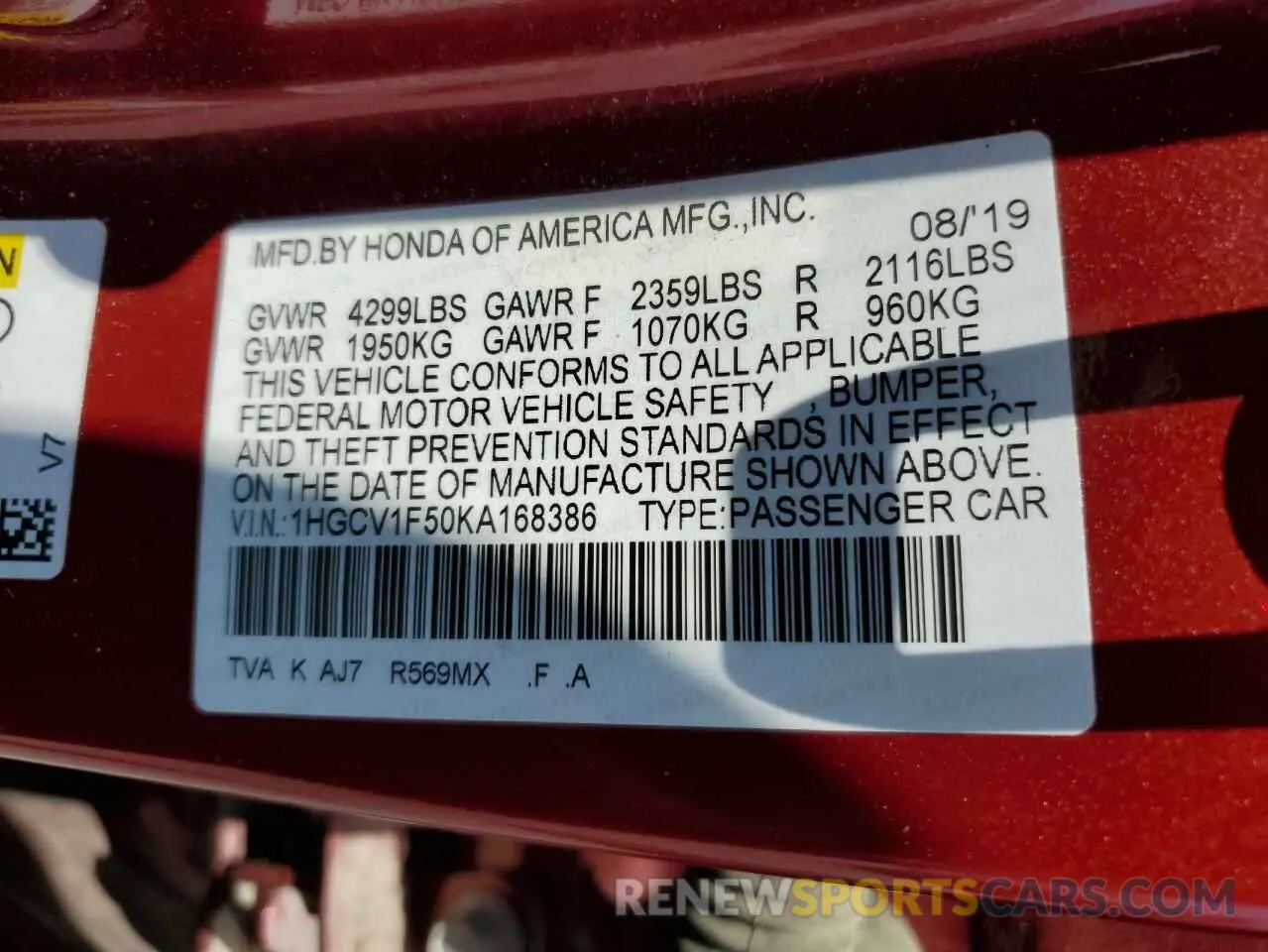 12 Photograph of a damaged car 1HGCV1F50KA168386 HONDA ACCORD 2019