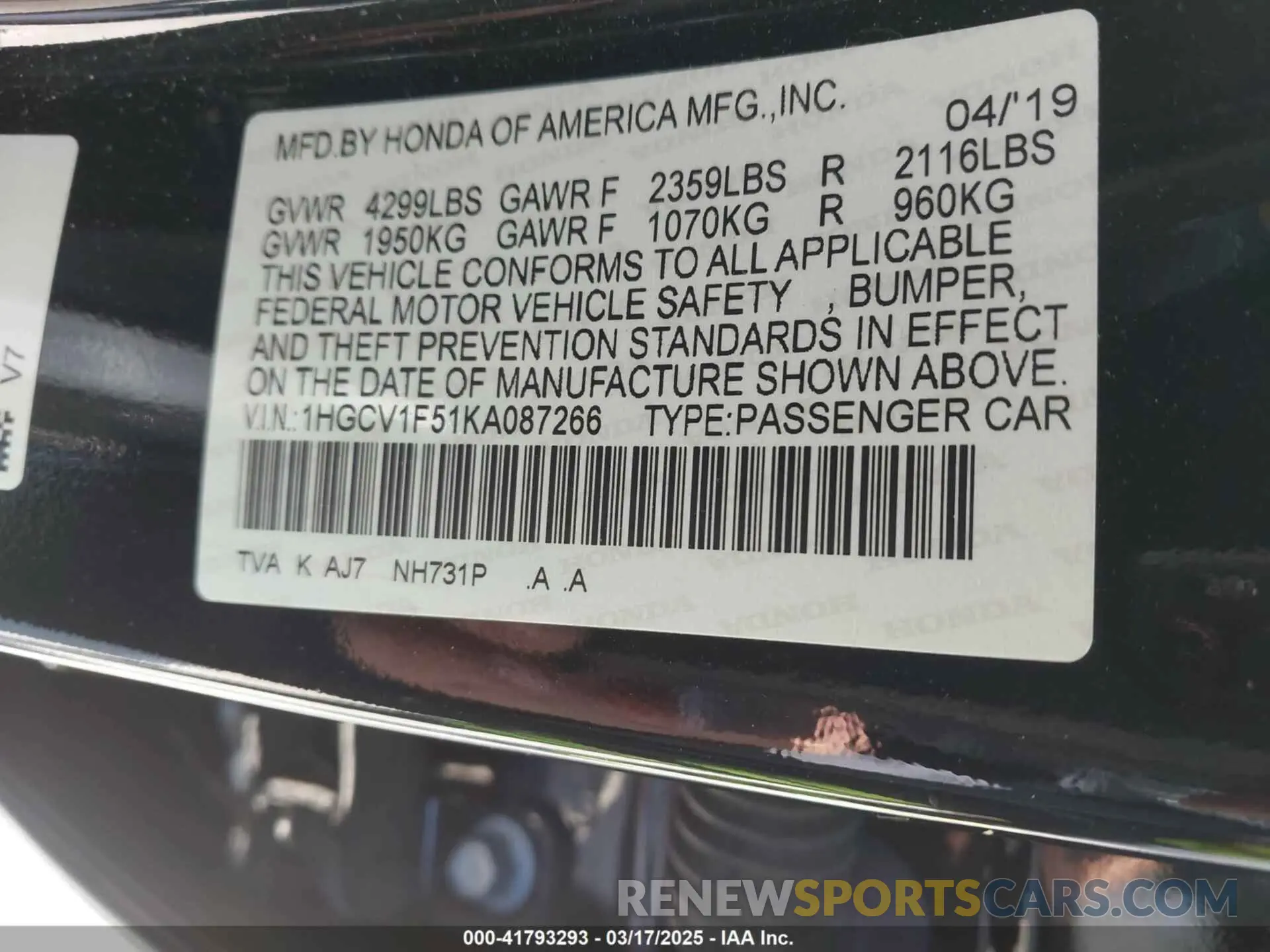 9 Photograph of a damaged car 1HGCV1F51KA087266 HONDA ACCORD 2019