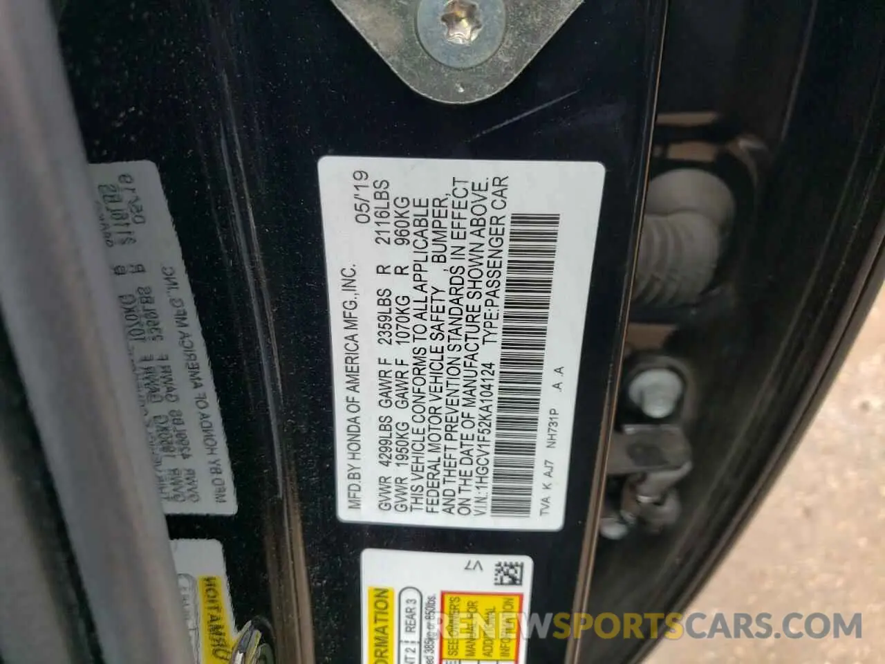 13 Photograph of a damaged car 1HGCV1F52KA104124 HONDA ACCORD 2019
