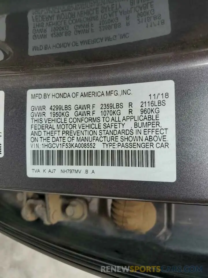 13 Photograph of a damaged car 1HGCV1F53KA008552 HONDA ACCORD 2019