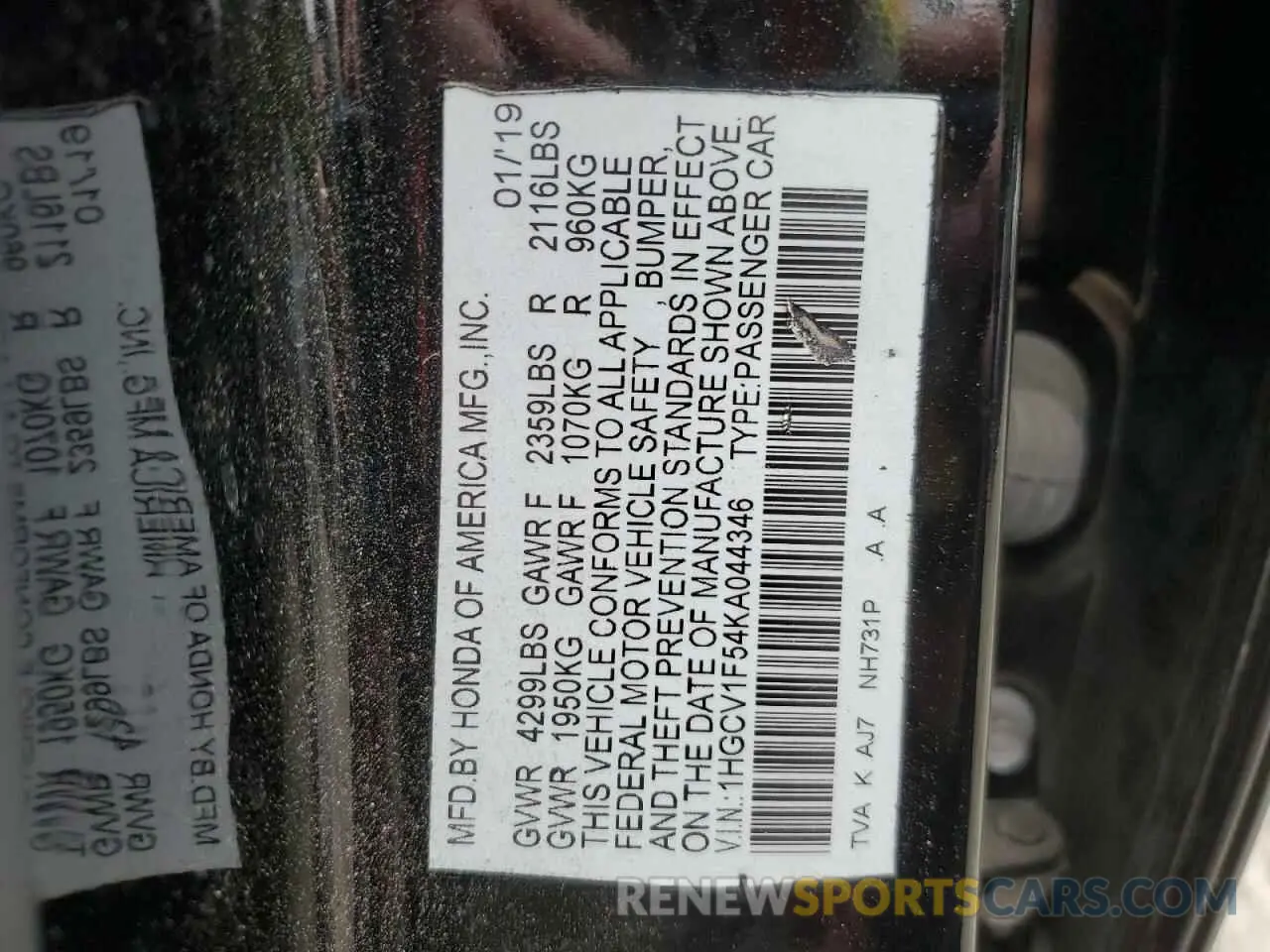 12 Photograph of a damaged car 1HGCV1F54KA044346 HONDA ACCORD 2019