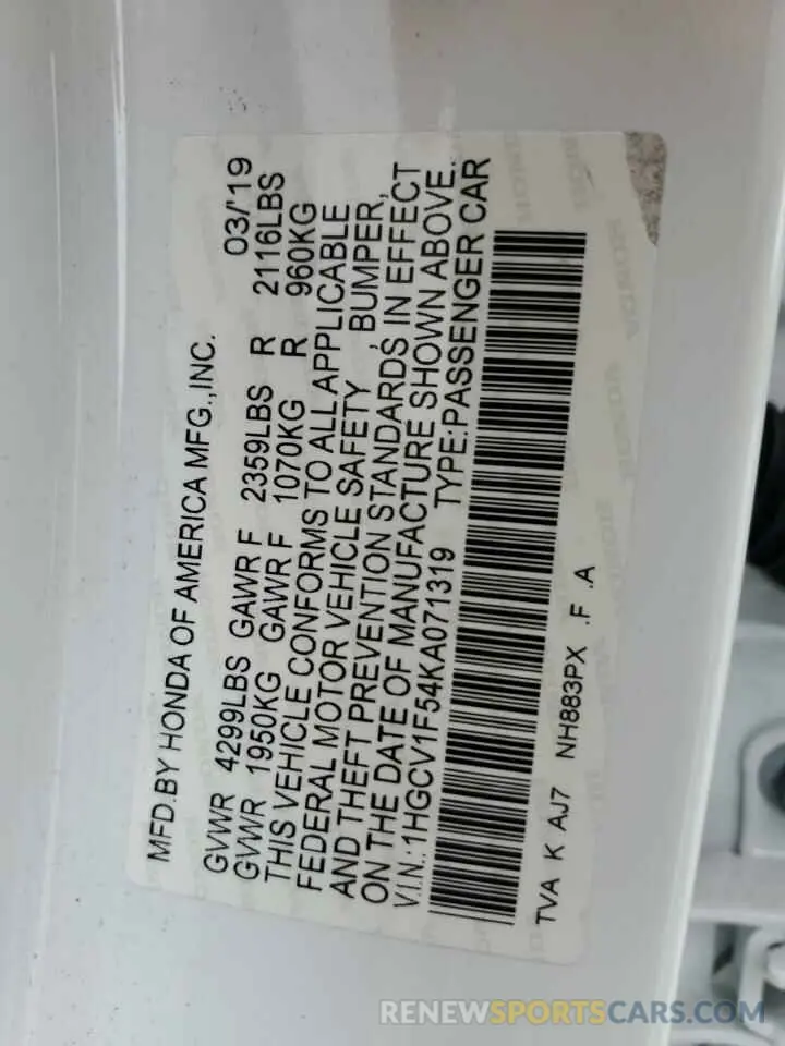 12 Photograph of a damaged car 1HGCV1F54KA071319 HONDA ACCORD 2019