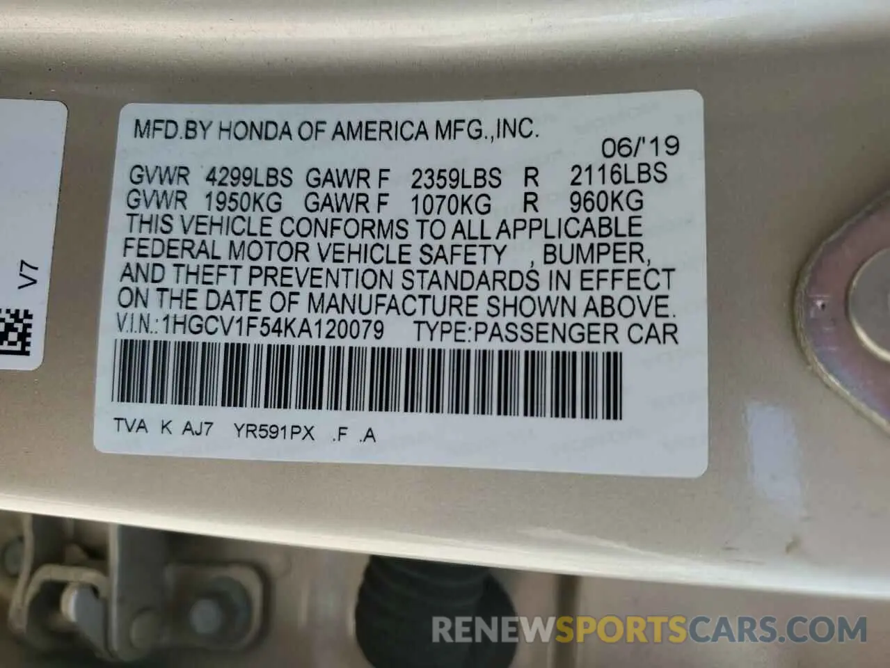 13 Photograph of a damaged car 1HGCV1F54KA120079 HONDA ACCORD 2019