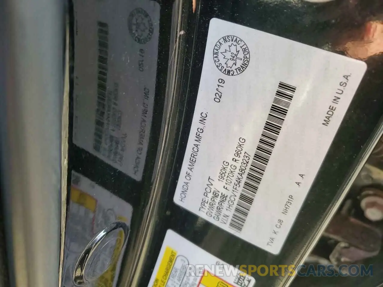 12 Photograph of a damaged car 1HGCV1F54KA803237 HONDA ACCORD 2019