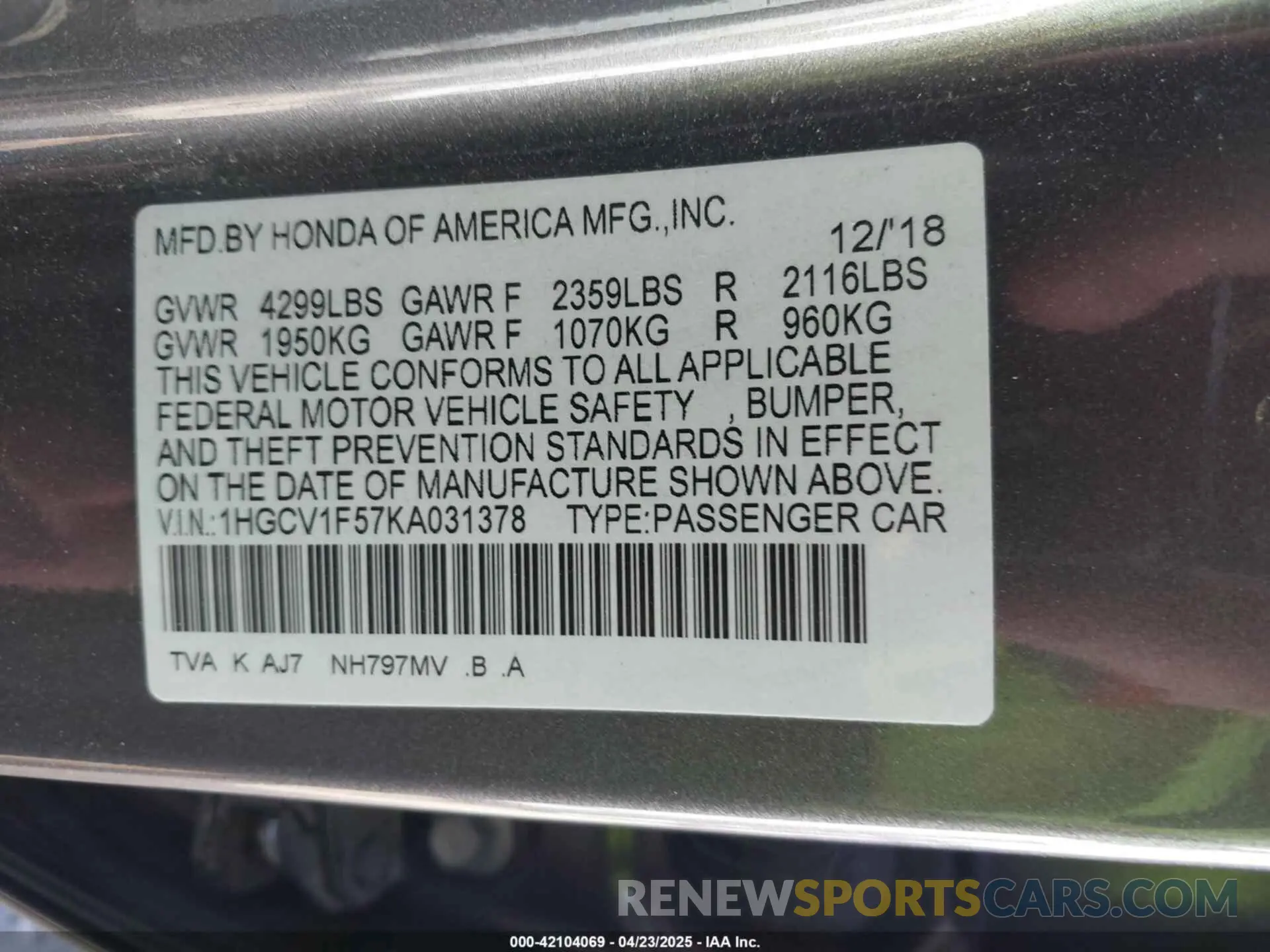 9 Photograph of a damaged car 1HGCV1F57KA031378 HONDA ACCORD 2019