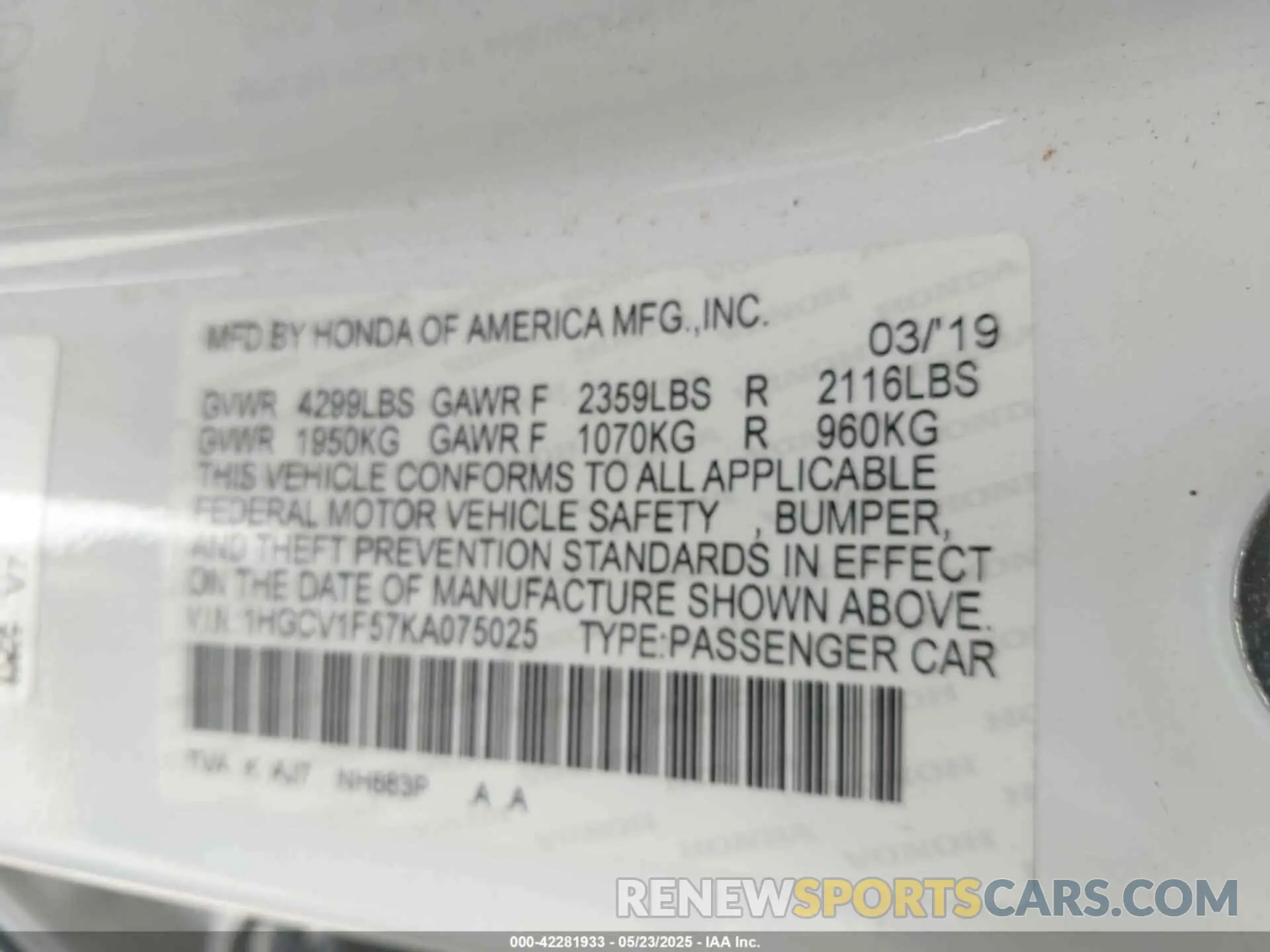 9 Photograph of a damaged car 1HGCV1F57KA075025 HONDA ACCORD 2019
