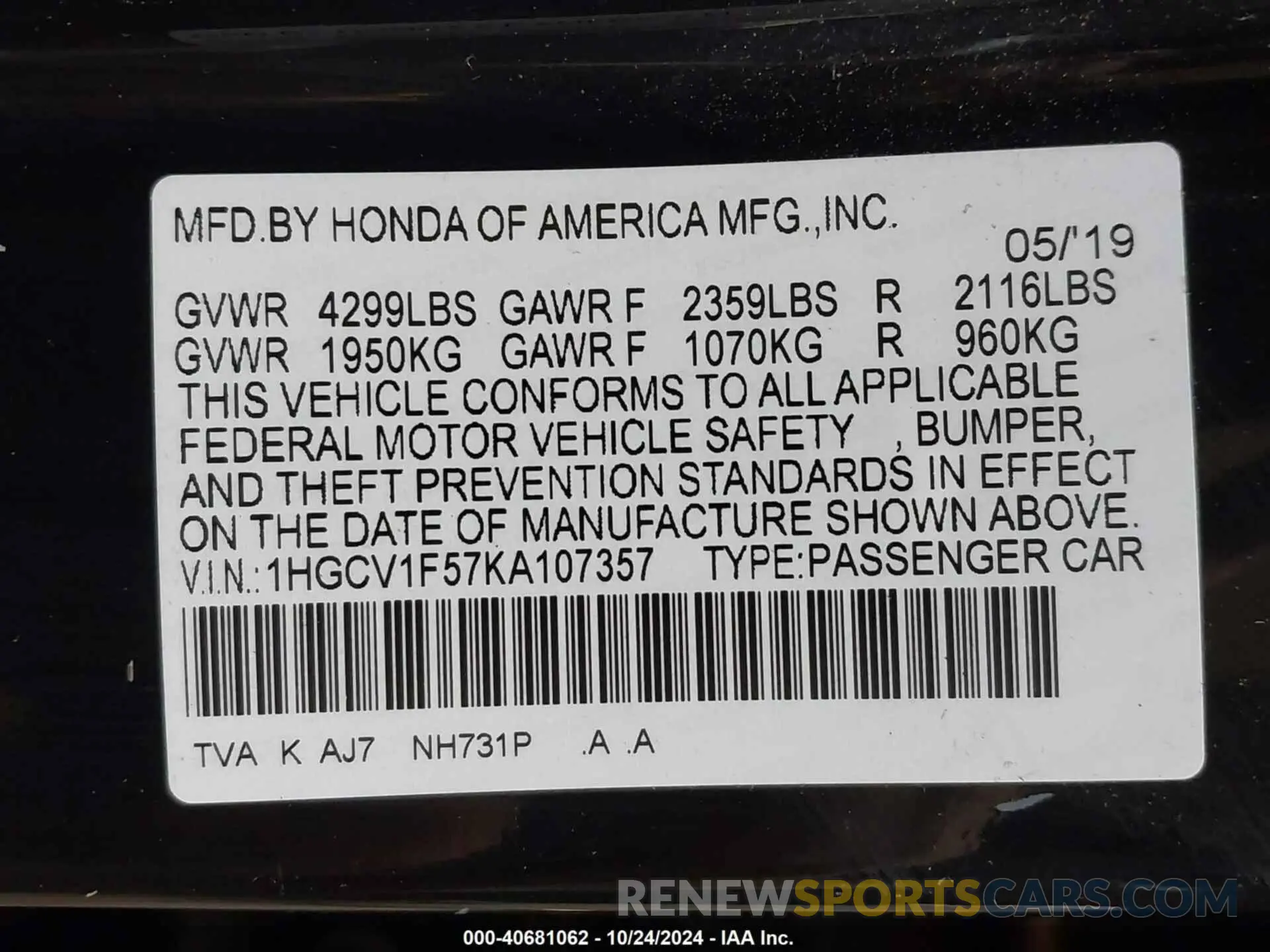 9 Photograph of a damaged car 1HGCV1F57KA107357 HONDA ACCORD 2019
