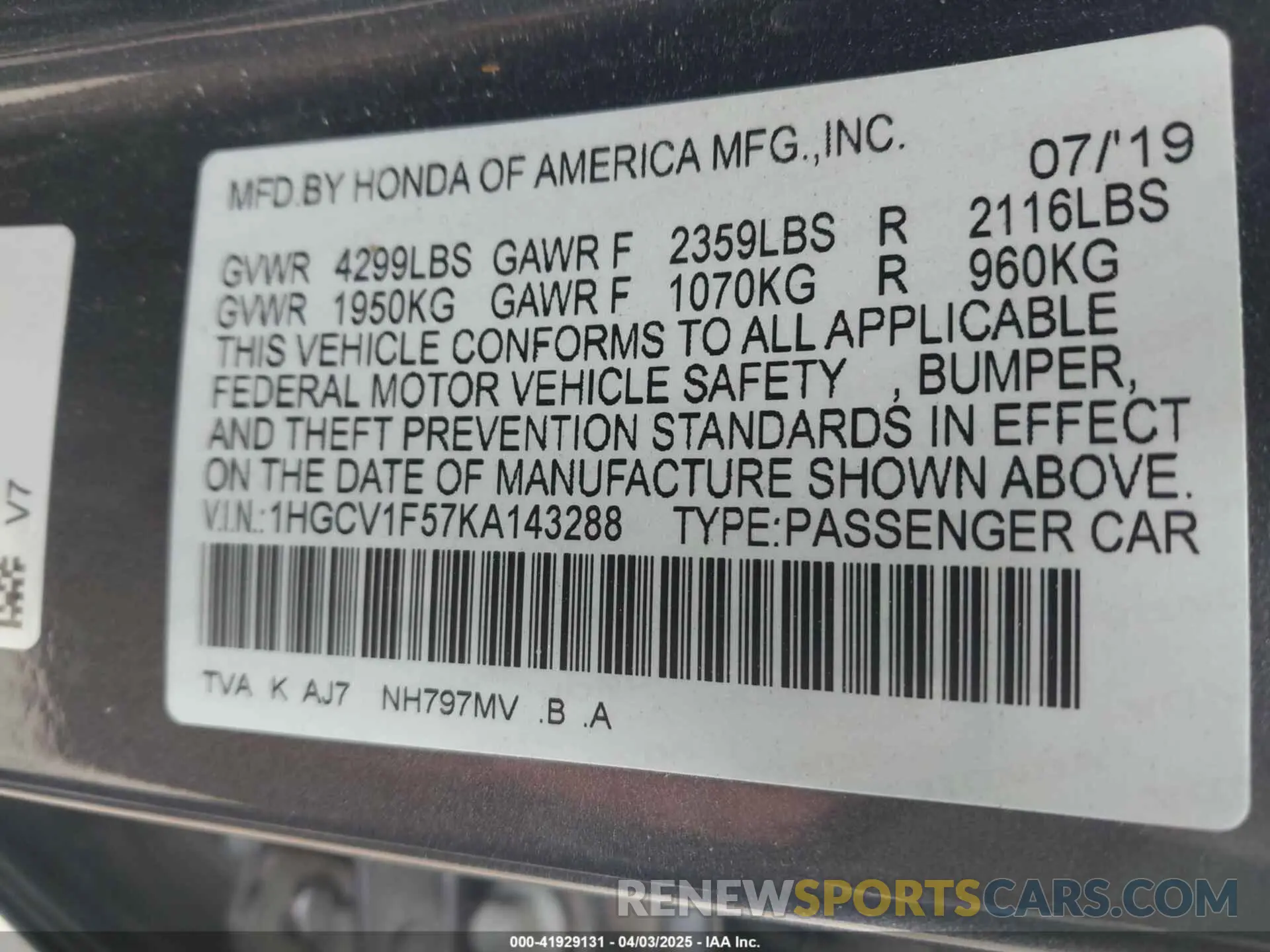9 Photograph of a damaged car 1HGCV1F57KA143288 HONDA ACCORD 2019