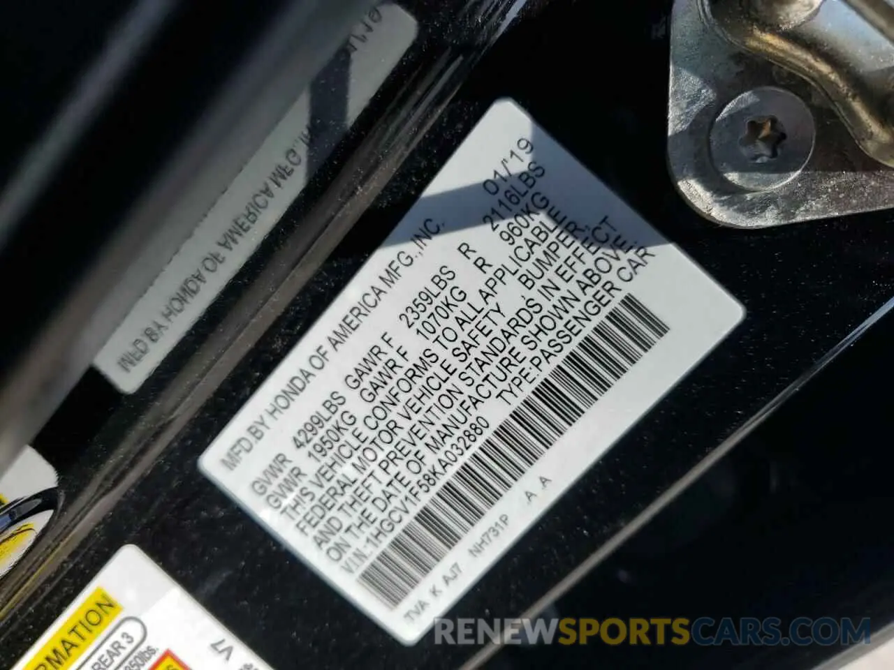 12 Photograph of a damaged car 1HGCV1F58KA032880 HONDA ACCORD 2019