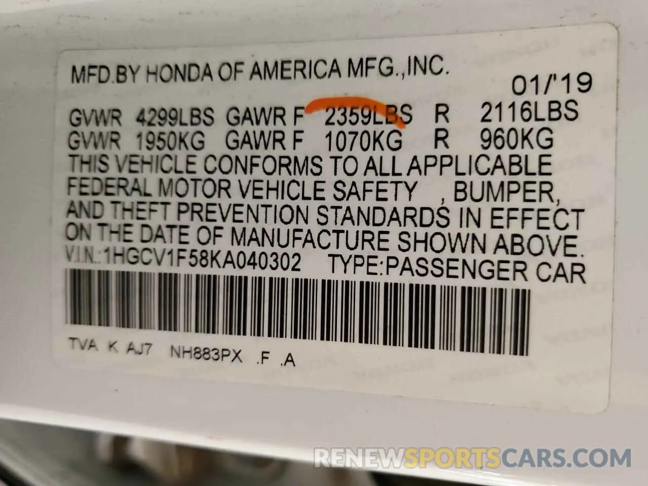 14 Photograph of a damaged car 1HGCV1F58KA040302 HONDA ACCORD 2019