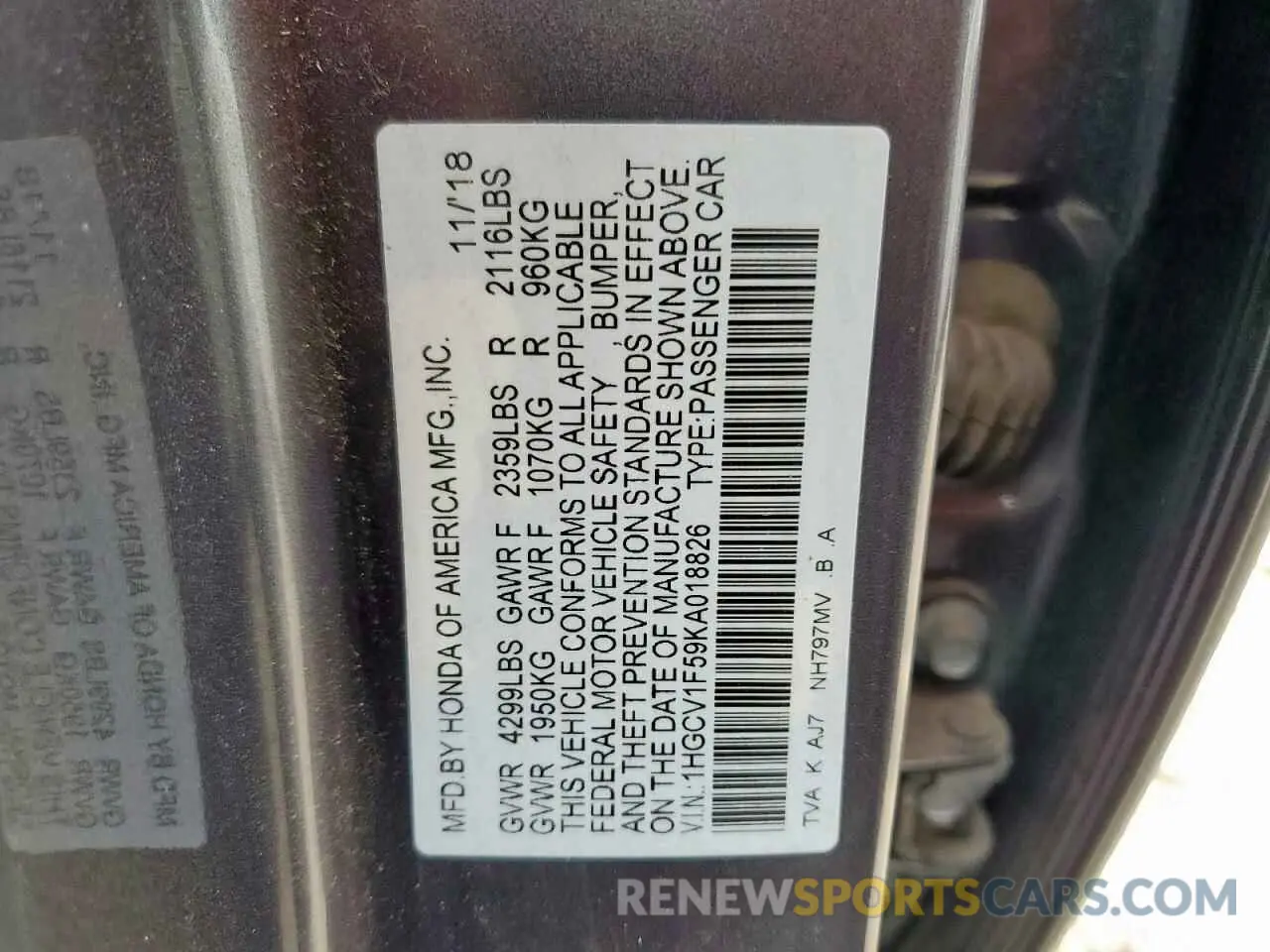 12 Photograph of a damaged car 1HGCV1F59KA018826 HONDA ACCORD 2019