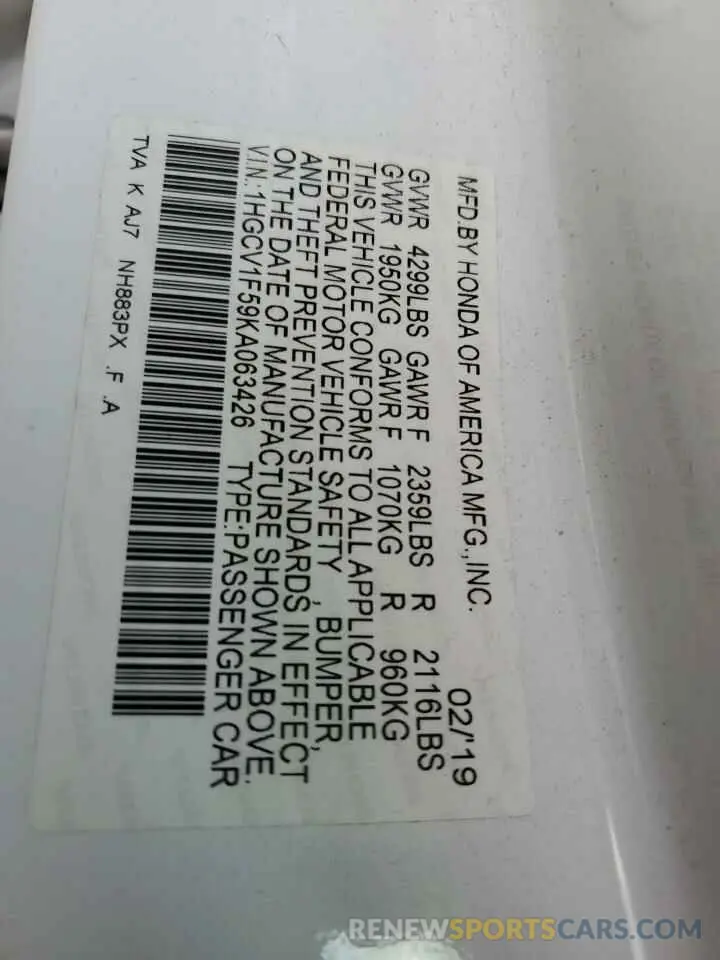 12 Photograph of a damaged car 1HGCV1F59KA063426 HONDA ACCORD 2019