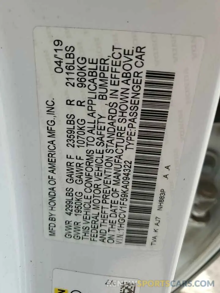 13 Photograph of a damaged car 1HGCV1F59KA094322 HONDA ACCORD 2019