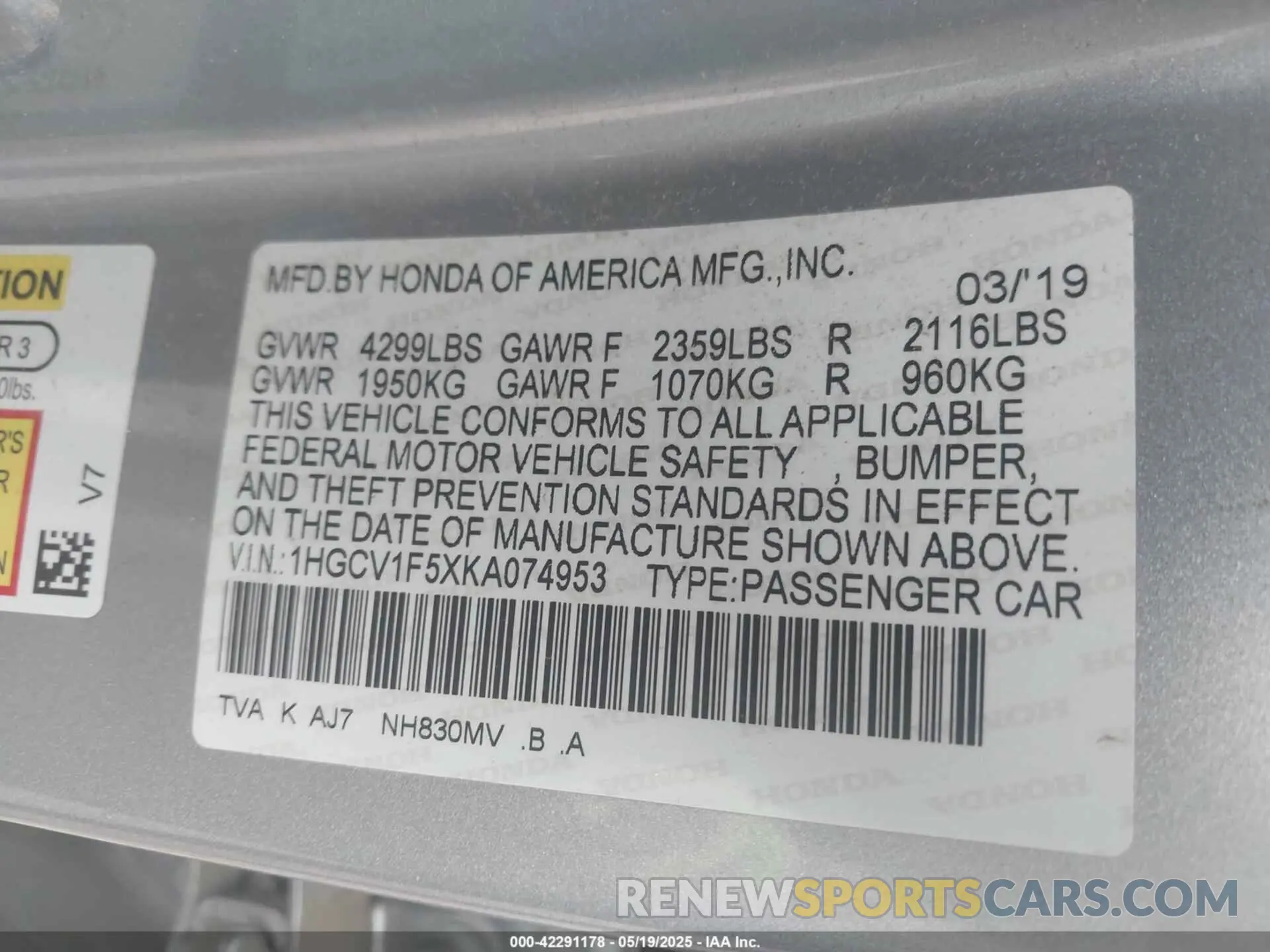 9 Photograph of a damaged car 1HGCV1F5XKA074953 HONDA ACCORD 2019