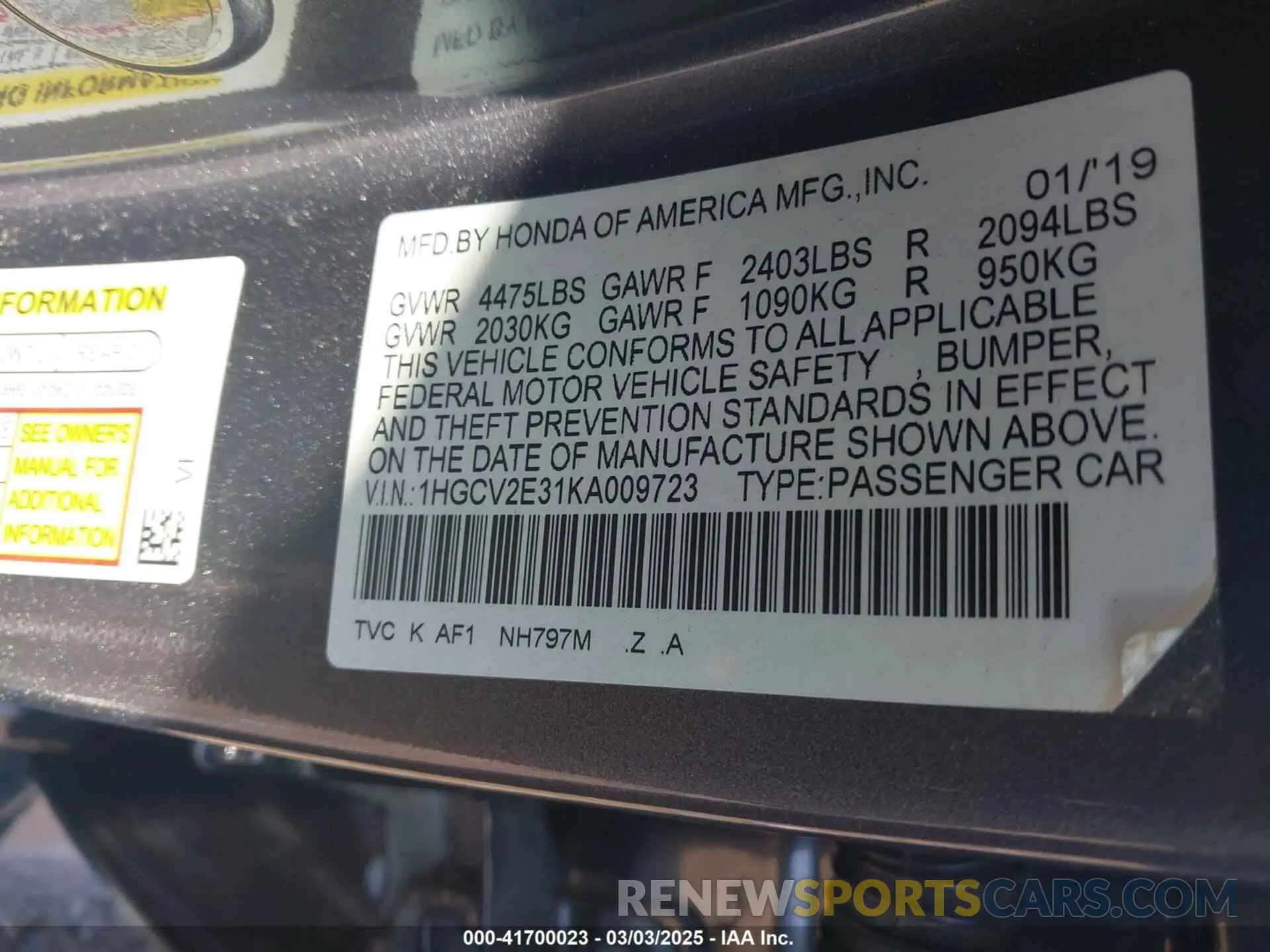 9 Photograph of a damaged car 1HGCV2E31KA009723 HONDA ACCORD 2019