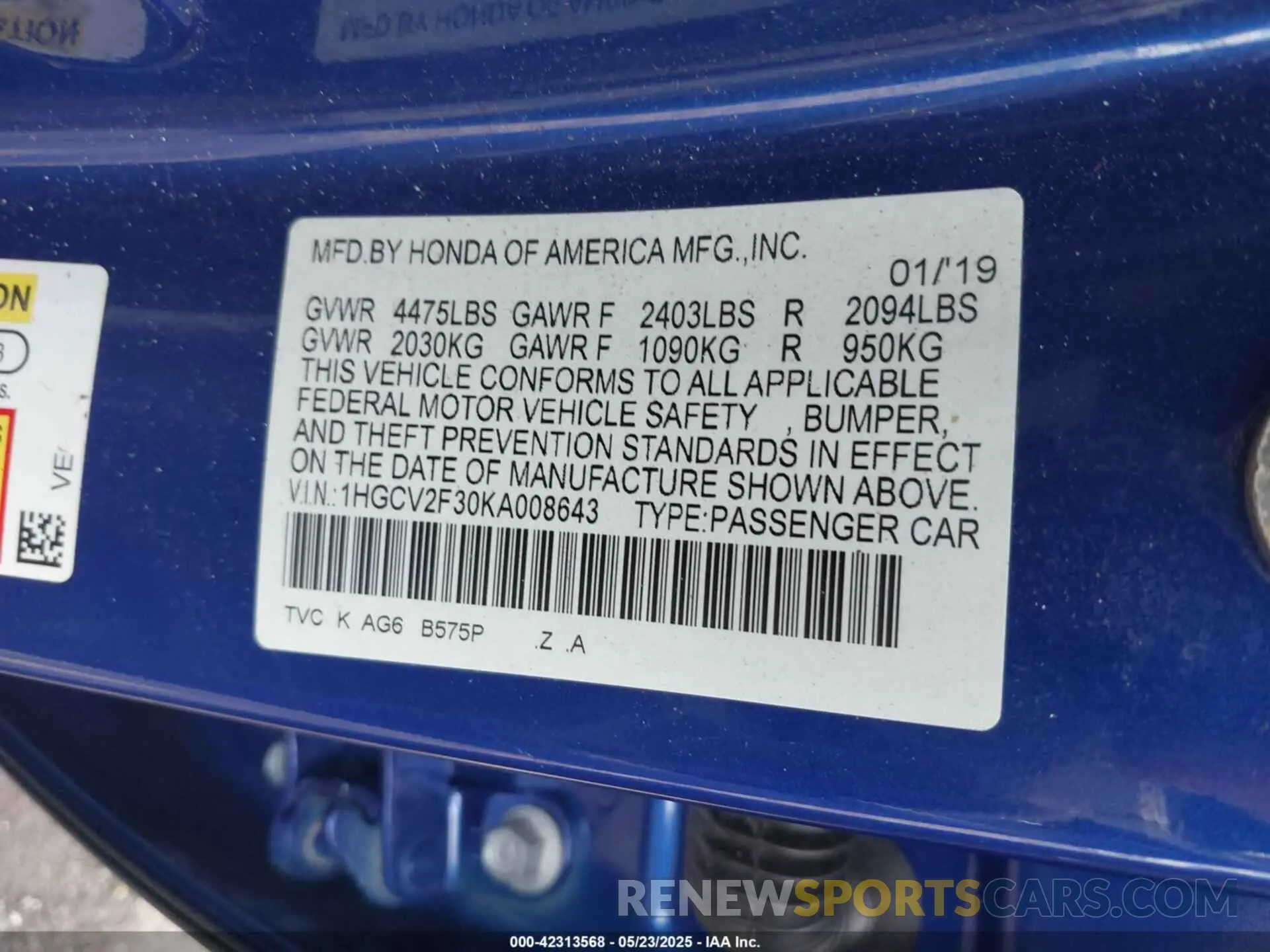 9 Photograph of a damaged car 1HGCV2F30KA008643 HONDA ACCORD 2019