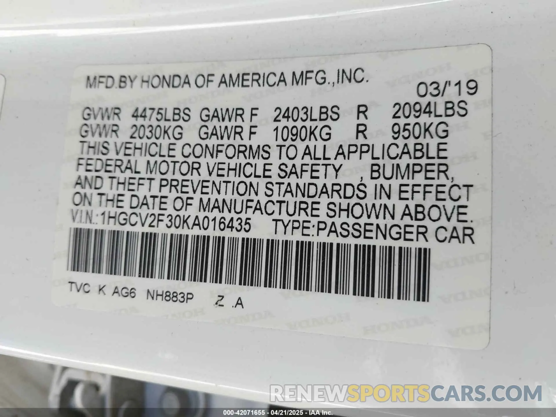 9 Photograph of a damaged car 1HGCV2F30KA016435 HONDA ACCORD 2019