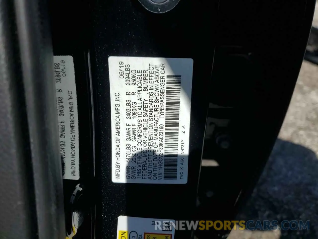 13 Photograph of a damaged car 1HGCV2F30KA023160 HONDA ACCORD 2019