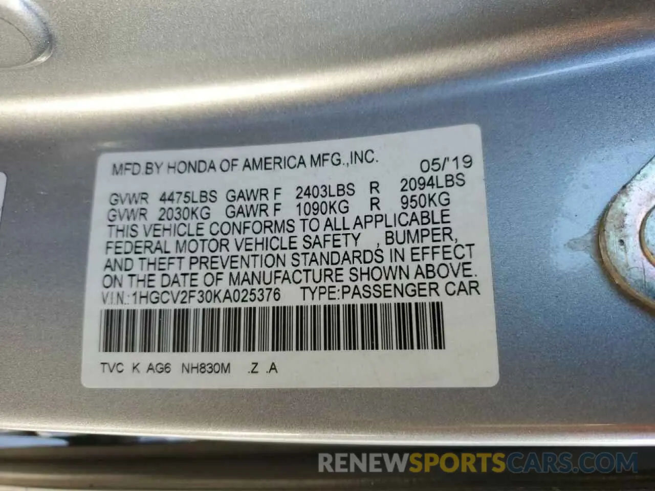 13 Photograph of a damaged car 1HGCV2F30KA025376 HONDA ACCORD 2019