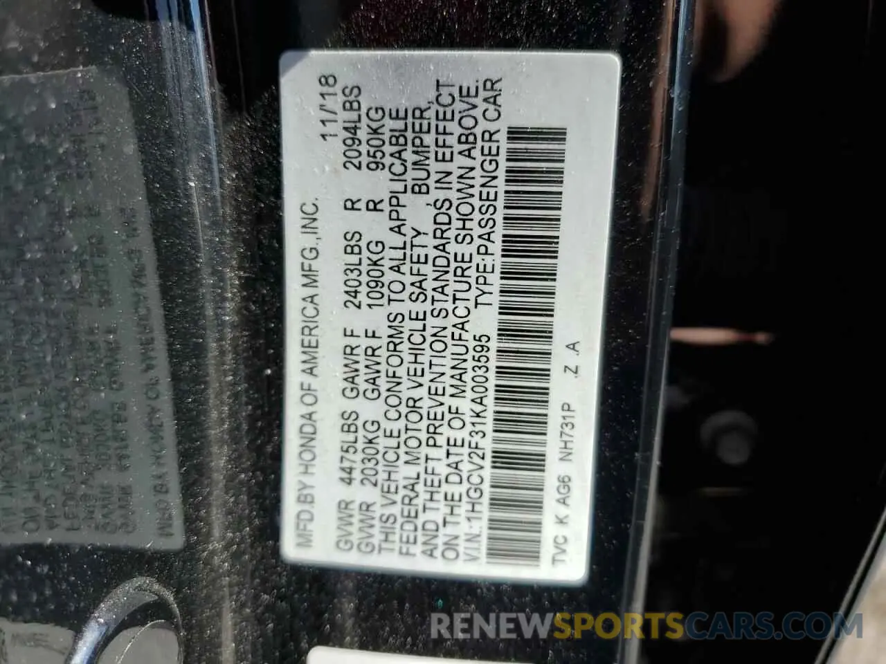 12 Photograph of a damaged car 1HGCV2F31KA003595 HONDA ACCORD 2019