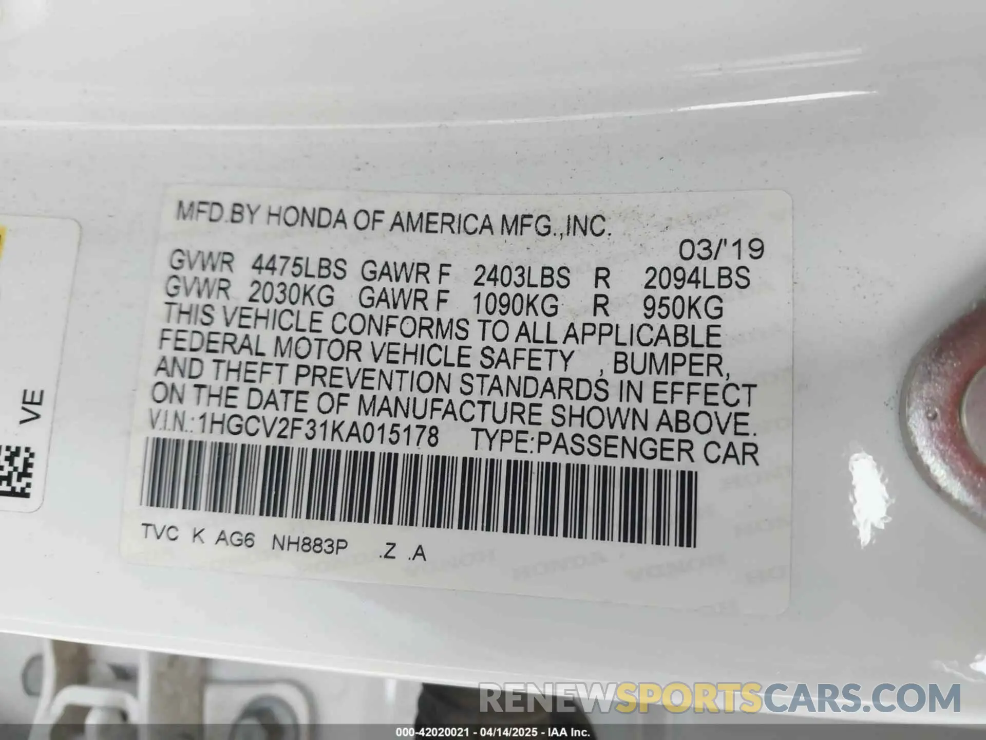 9 Photograph of a damaged car 1HGCV2F31KA015178 HONDA ACCORD 2019
