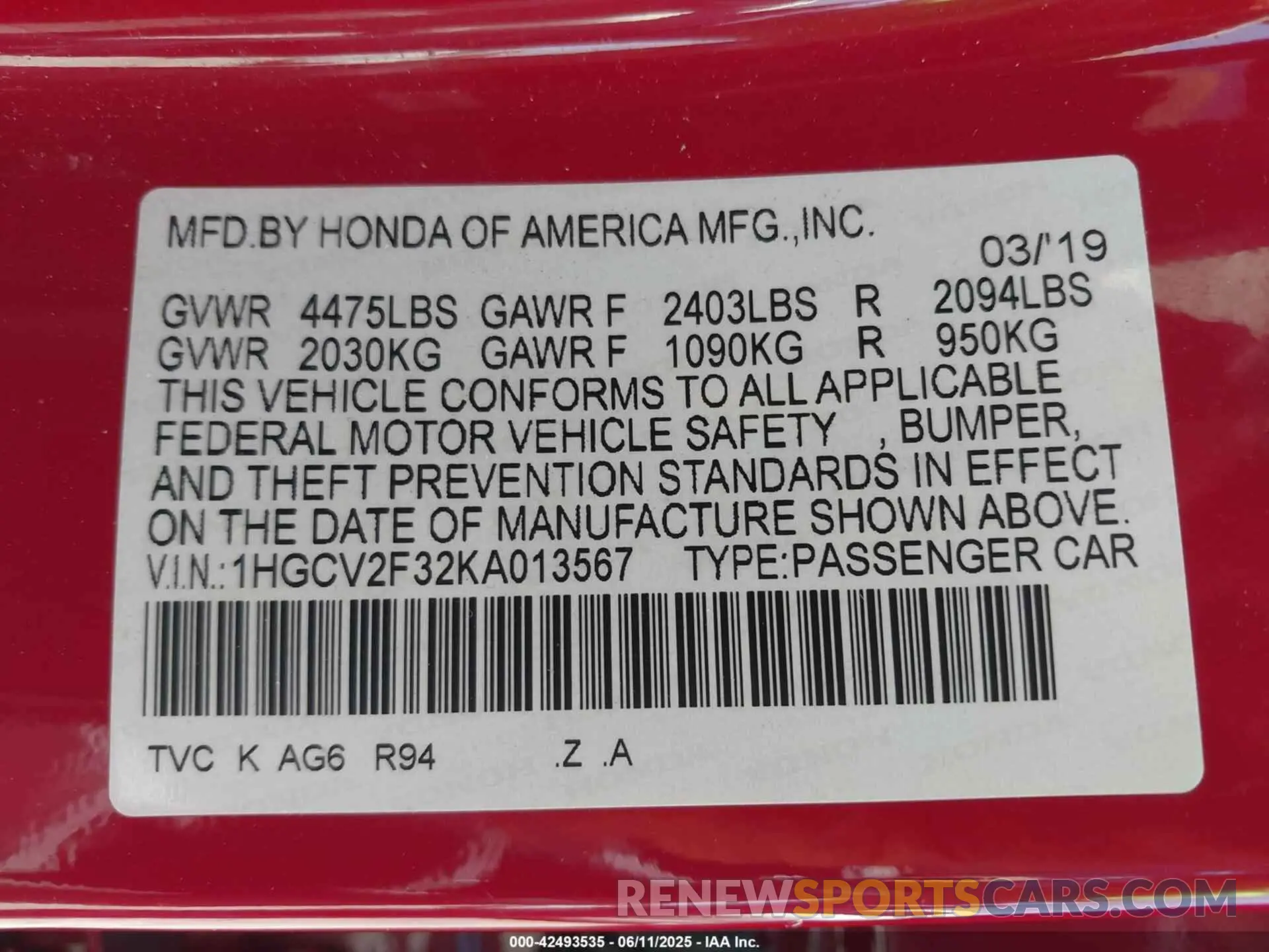 9 Photograph of a damaged car 1HGCV2F32KA013567 HONDA ACCORD 2019