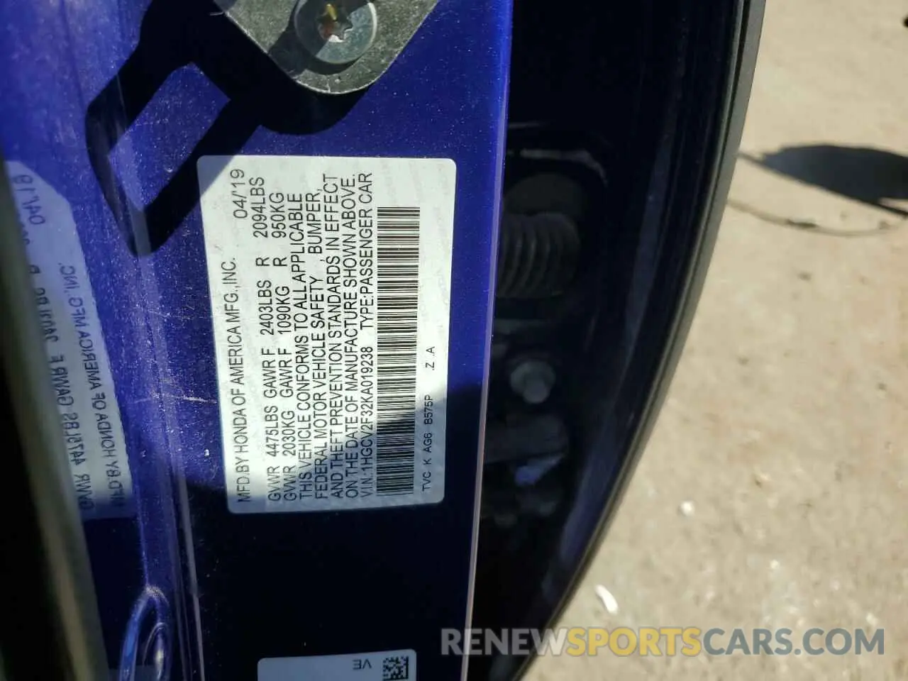 15 Photograph of a damaged car 1HGCV2F32KA019238 HONDA ACCORD 2019