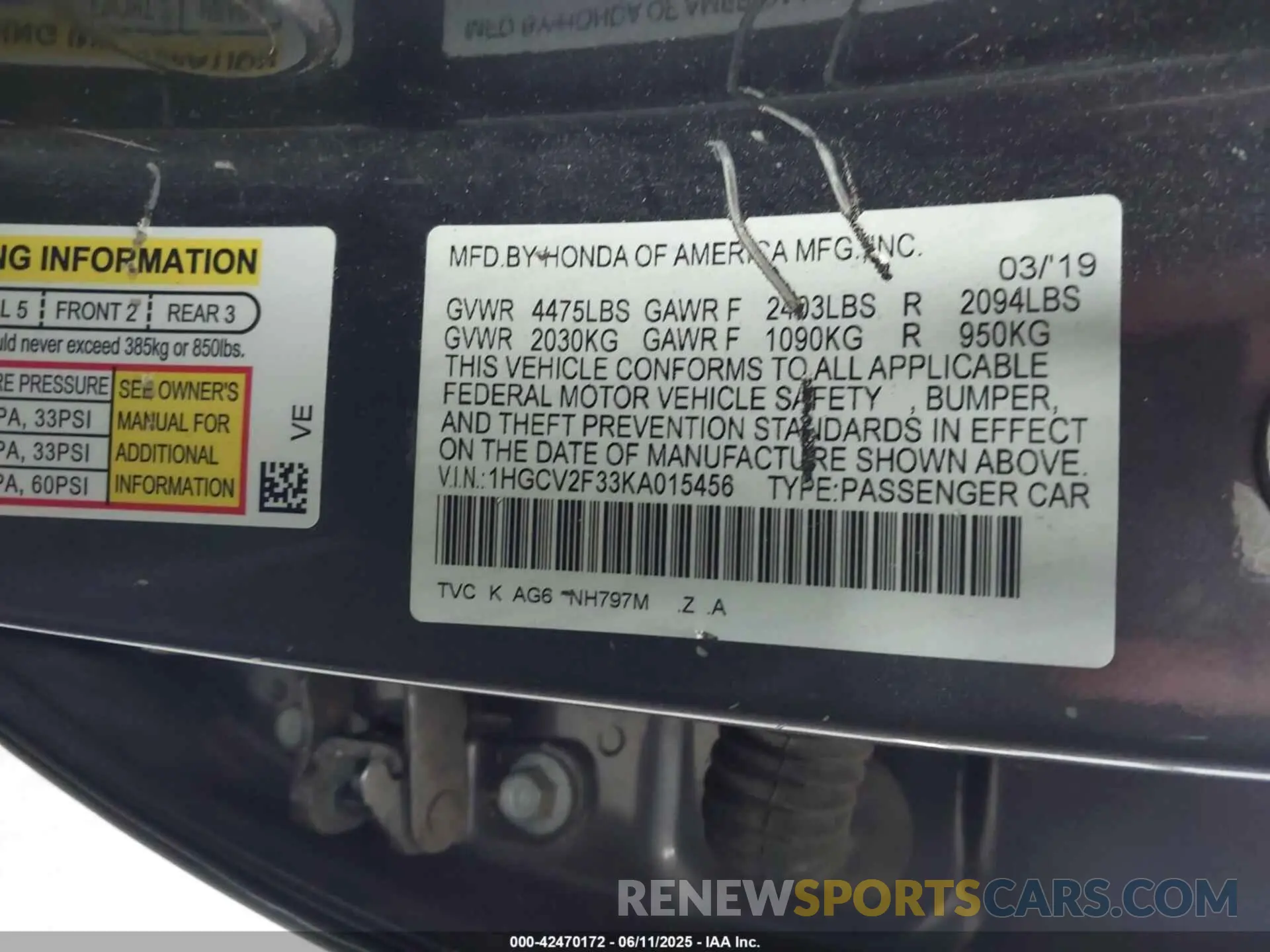 9 Photograph of a damaged car 1HGCV2F33KA015456 HONDA ACCORD 2019