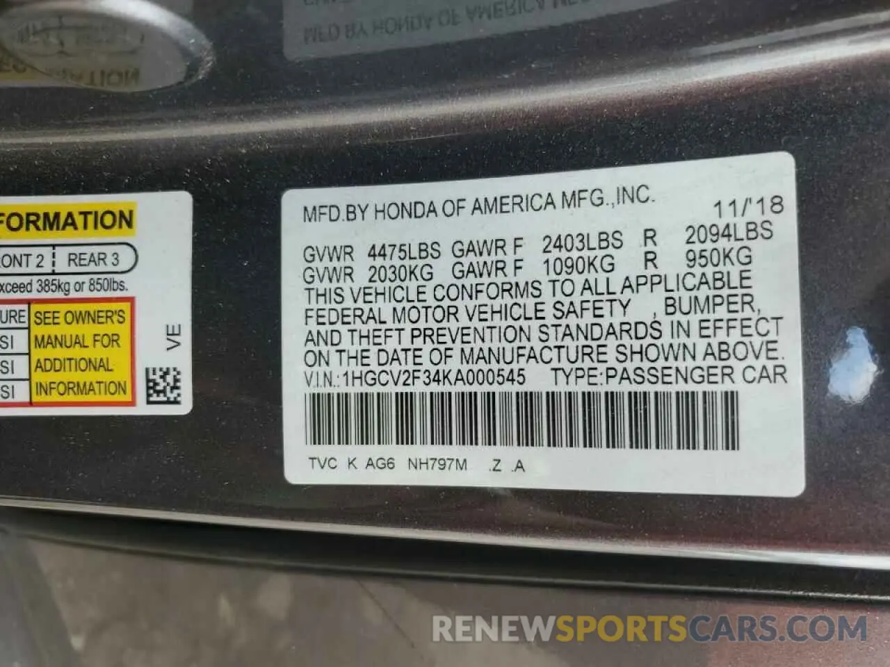 12 Photograph of a damaged car 1HGCV2F34KA000545 HONDA ACCORD 2019