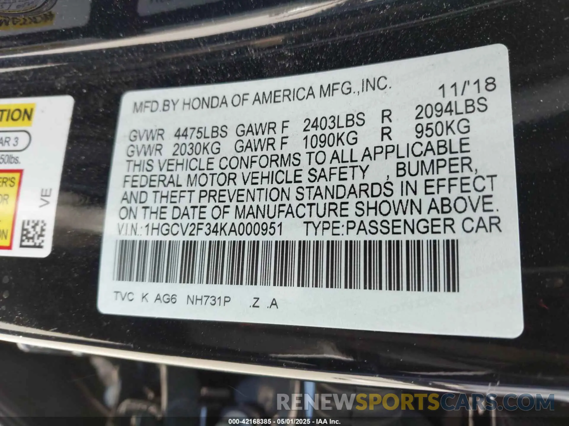 9 Photograph of a damaged car 1HGCV2F34KA000951 HONDA ACCORD 2019