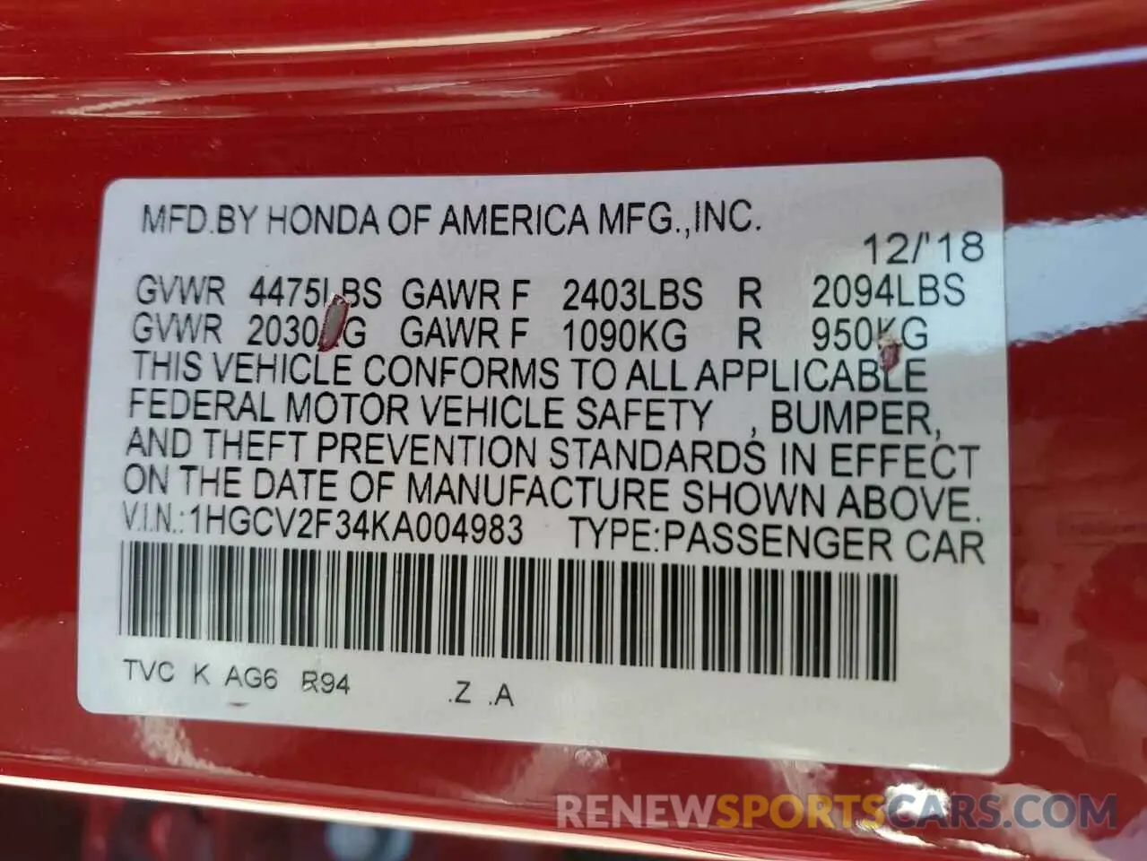 12 Photograph of a damaged car 1HGCV2F34KA004983 HONDA ACCORD 2019