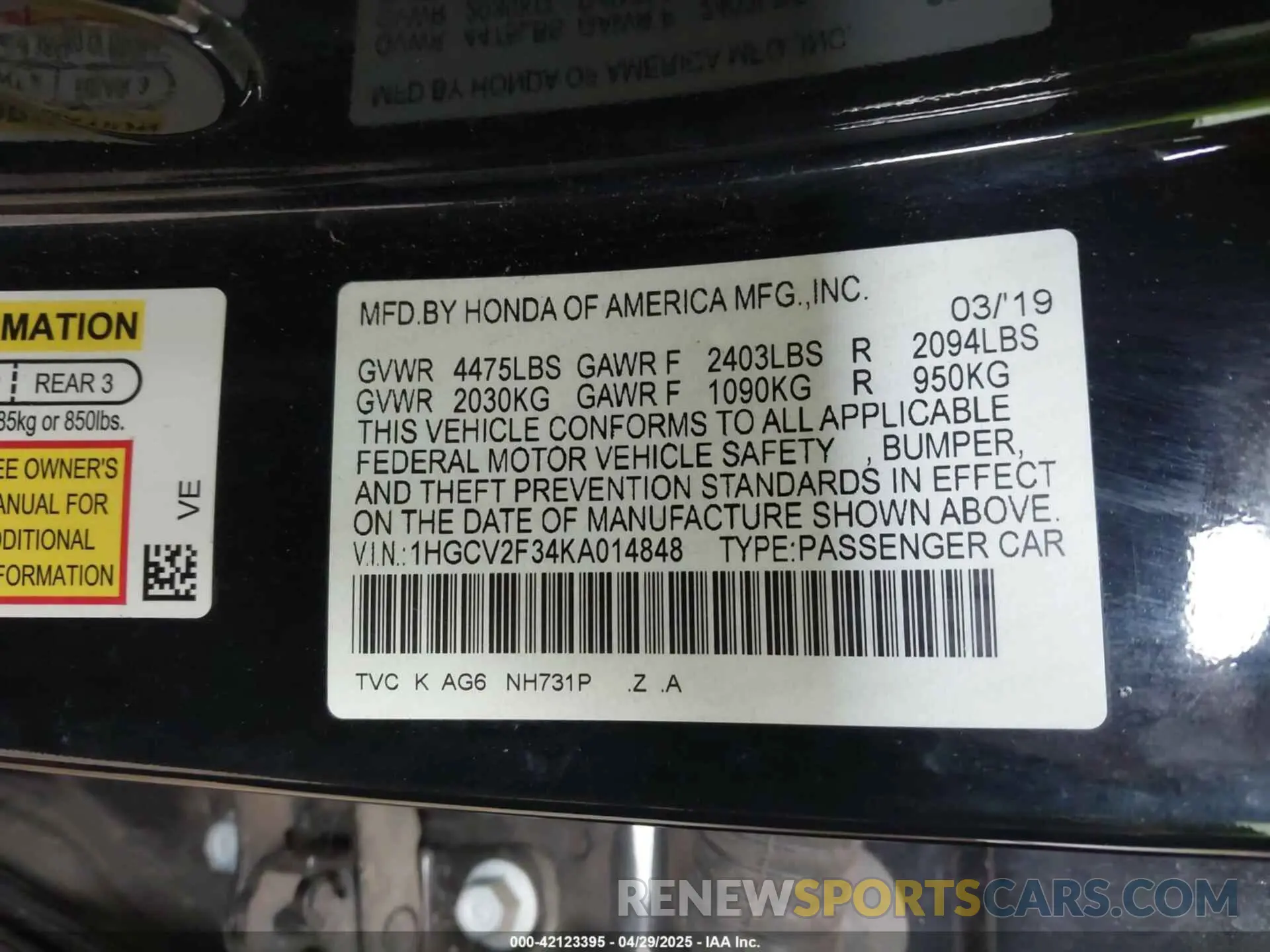 9 Photograph of a damaged car 1HGCV2F34KA014848 HONDA ACCORD 2019