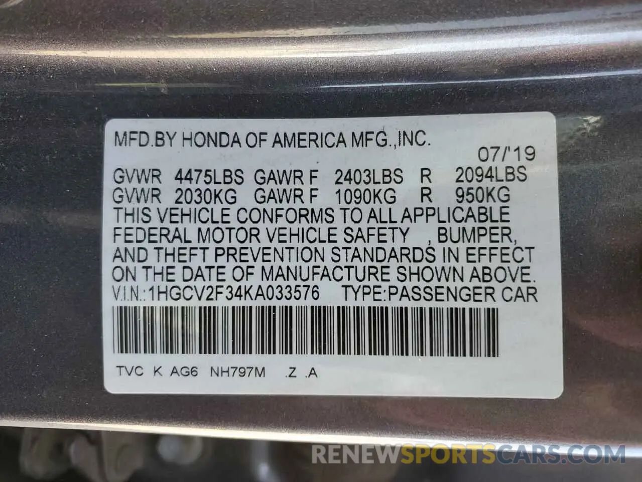 14 Photograph of a damaged car 1HGCV2F34KA033576 HONDA ACCORD 2019