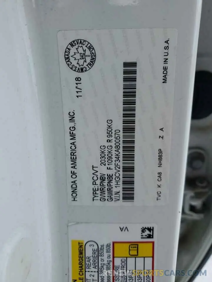 12 Photograph of a damaged car 1HGCV2F34KA800570 HONDA ACCORD 2019