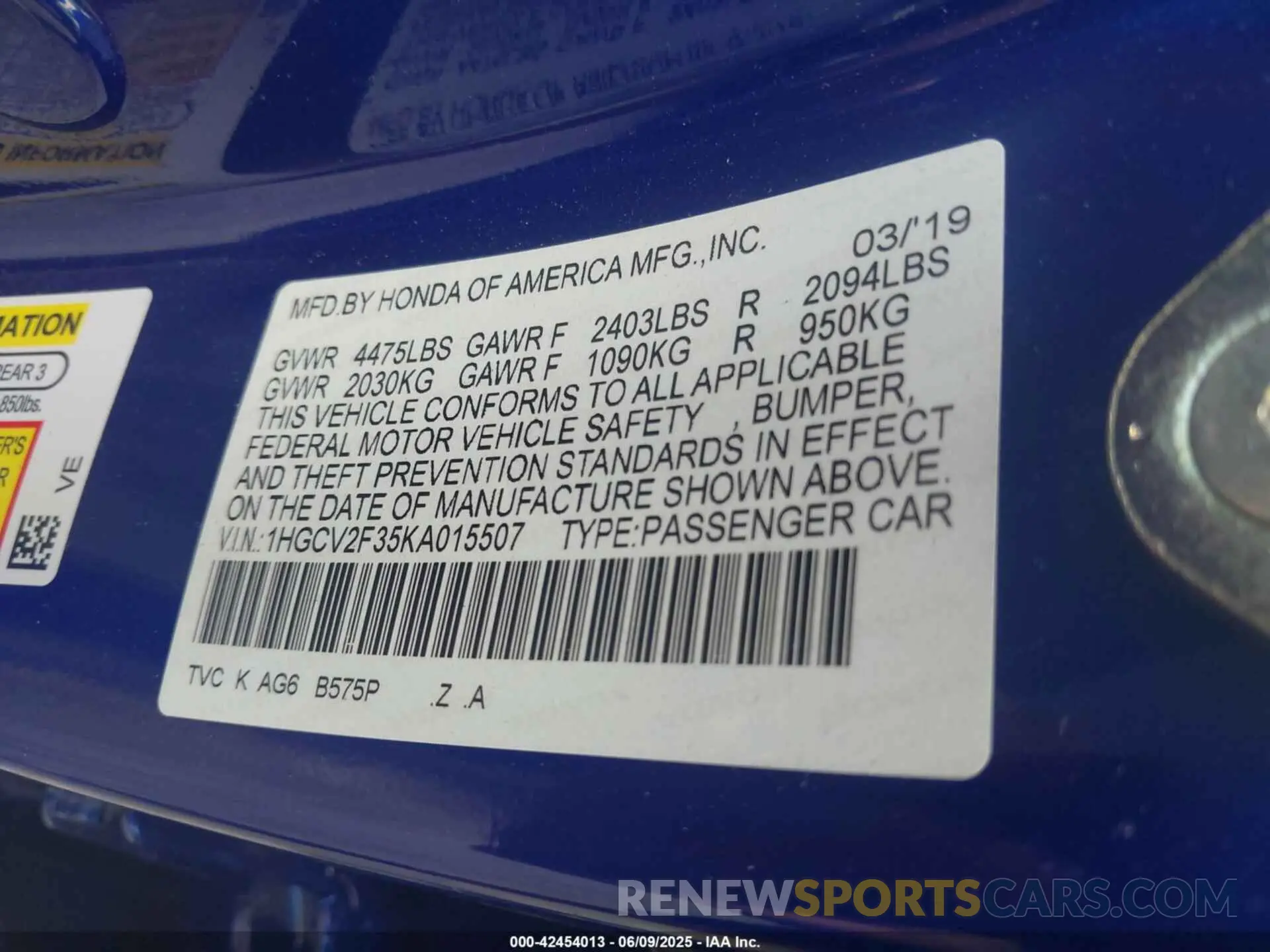 9 Photograph of a damaged car 1HGCV2F35KA015507 HONDA ACCORD 2019