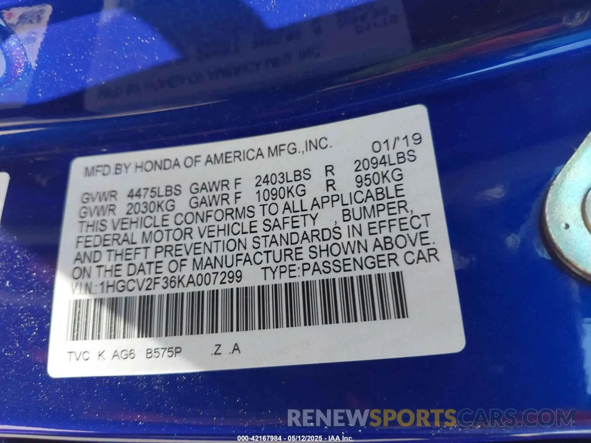 9 Photograph of a damaged car 1HGCV2F36KA007299 HONDA ACCORD 2019